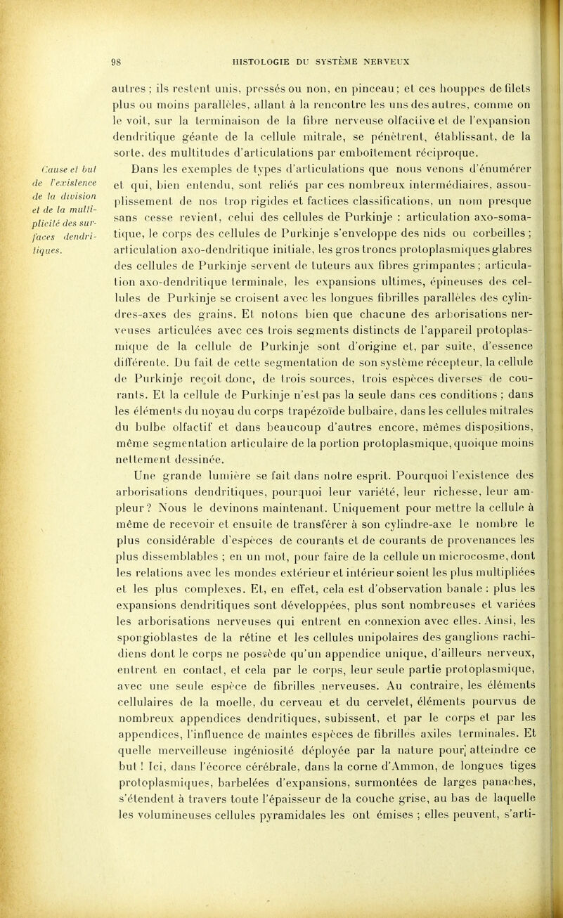 autres ; ils restent unis, pressés ou non, en pinceau; et ces houppes de filets plus ou moins parallèles, allant à la rencontre les uns des autres, comme on le voit, sur la terminaison de la fibre nerveuse olfactive et de l'expansion dendritique géante de la cellule mitrale, se pénètrent, établissant, de la sorte, des multitudes d'articulations par emboîtement réciproque. Causée! but Dans les exemples de types d'articulations que nous venons d'énumérer de Fexislence g| q^j^ ]neïï entendu, sont reliés par ces nombreux intermédiaires, assou- pie la division piiggement de nos trop rigides et factices classifications, un nom presque et de la mulli- . i xi i ■ ■ *• i c sans cesse revient, celui des cellules de Purk:mie : articulation axo-soma- plicile des sur- ' •> faces dendri- tique, le corps des cellules de Purkinje s'enveloppe des nids ou corbeilles; tiques. articulation axo-dendritique initiale, les gros troncs protoplasmi(jues glabres des cellules de Purkinje servent de tuteurs aux fibres grimpantes; articula- tion axo-dendritique terminale, les expansions ultimes, épineuses des cel- lules de Purkinje se croisent avec les longues fibrilles parallèles des cylin- dres-axes des grains. Et notons bien que chacune des arborisations ner- veuses articulées avec ces trois segments distincts de l'appareil protoplas- niique de la cellule de Purkinje sont d'origine et, par suite, d'essence difl'érente. Du fait de cette segmentation de son système récepteur, la cellule de Purkinje reçoit dx)nc, de trois sources, trois espèces diverses de cou- rants. Et la cellule de Purkinje n'est pas la seule dans ces conditions ; dans les éléments du noyau du corps trapézoïde bulbaire, dans les cellules mitrales du bulbe olfactif et dans beaucoup d'autres encore, mêmes dispositions, même segmentation articulaire de la portion protoplasmique, quoique moins nettement dessinée. Une grande lumière se fait dans notre esprit. Pourquoi l'existence des arborisations cleudritiques, pourquoi leur variété, leur richesse, leur am- pleur? Nous le devinons maintenant. Uniquement pour mettre la cellule à ^ même de recevoir et ensuite de transférer à son cylindre-axe le nombre le plus considérable d'espèces de courants et de courants de provenances les plus dissemblables ; en un mot, pour faire de la cellule un microcosme, dont les relations avec les mondes extérieur et intérieur soientles plus multipliées et les plus complexes. Et, en effet, cela est d'observation banale : plus les expansions dendritiques sont développées, plus sont nombreuses et variées les arborisations nerveuses qui entrent en (;onnexion avec elles. Ainsi, les spoiigioblastes de la rétine et les cellules unipolaires des ganglions rachi- diens dont le corps ne possède qu'un appendice unique, d'ailleurs nerveux, entrent en contact, et cela par le corps, leur seule partie protoplasmique, avec une seule espèce de fibrilles nerveuses. Au contraire, les éléments cellulaires de la moelle, du cerveau et du cervelet, éléments pourvus de nombreux appendices dendritiques, subissent, et par le corps et par les appendices, l'influence de maintes espèces de fibrilles axiles terminales. Et quelle merveilleuse ingéniosité déployée par la nature pour] atteindre ce but ! Ici, dans l'écorce cérébrale, dans la corne d'Ammon, de longues tiges protoplasmiques, barbelées d'expansions, surmontées de larges panaches, s'étendent à travers toute l'épaisseur de la couche grise, au bas de laquelle les volumineuses cellules pyramidales les ont émises ; elles peuvent, s'arti- là