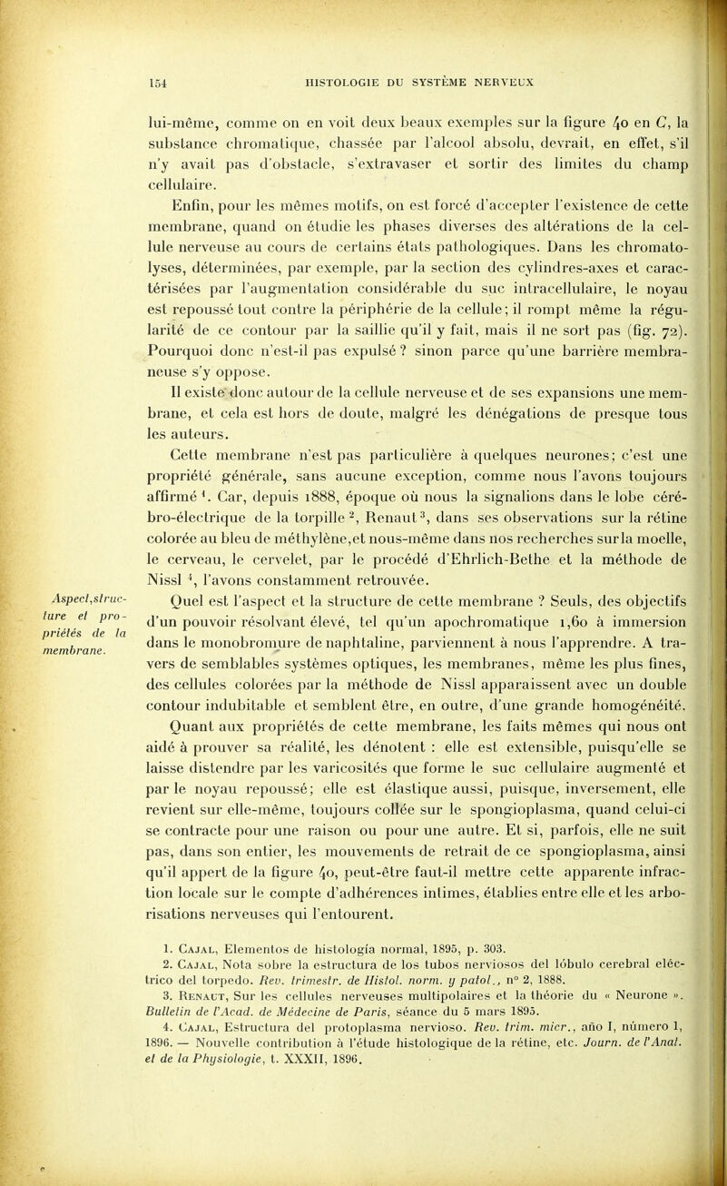 lui-même, comme on en voit deux beaux exemples sur la figure 4o en C, la substance chromatique, chassée par l'alcool absolu, devrait, en effet, s'il n'y avait pas d'obstacle, s'extravaser et sortir des limites du champ cellulaire. Enfin, pour les mêmes motifs, on est forcé d'accepter l'existence de cette membrane, quand on étudie les phases diverses des altérations de la cel- lule nerveuse au cours de certains états pathologiques. Dans les chromato- lyses, déterminées, par exemple, par la section des cylindres-axes et carac- térisées par l'augmentation considérable du suc intracellulaire, le noyau est repoussé tout contre la périphérie de la cellule; il rompt même la régu- larité de ce contour par la saillie qu'il y fait, mais il ne sort pas (fîg. 72). Pourquoi donc n'est-il pas expulsé ? sinon parce qu'une barrière membra- neuse s'y oppose. Il exist^^onc autour de la cellule nerveuse et de ses expansions une mem- brane, et cela est hors de doute, malgré les dénégations de presque tous les auteurs. Cette membrane n'est pas particulière à quelques neurones; c'est une propriété générale, sans aucune exception, comme nous l'avons toujours affirmé ^ Car, depuis 1888, époque où nous la signalions dans le lobe céré- bro-électrique de la torpille-, Renaut-^, dans ses observations sur la rétine colorée au bleu de méthylène,et nous-même dans nos recherches sur la moelle, le cerveau, le cervelet, par le procédé d'Ehrlich-Belhe et la méthode de Nissl '', l'avons constamment retrouvée. Aspect,sfrue- Quel est l'aspect et la structure de cette membrane ? Seuls, des objectifs ''^^^ Z' d'un pouvoir résolvant élevé, tel qu'un apochromatique 1,60 à immersion pue e (e a ^j^^j^g monobromure de naphtaline, parviennent à nous l'apprendre. A tra- memhrane. - r > i rr vers de semblables systèmes optiques, les membranes, même les plus fines, des cellules colorées par la méthode de Nissl apparaissent avec un double contour indubitable et semblent être, en outre, d'une grande homogénéité. Quant aux propriétés de cette membrane, les faits mêmes qui nous ont aidé à prouver sa réalité, les dénotent : elle est extensible, puisqu'elle se laisse distendre par les varicosités que forme le suc cellulaire augmenté et parle noyau repoussé; elle est élastique aussi, puisque, inversement, elle revient sur elle-même, toujours collée sur le spongioplasma, quand celui-ci se contracte pour une raison ou pour une autre. Et si, parfois, elle ne suit pas, dans son entier, les mouvements de retrait de ce spongioplasma, ainsi qu'il appert de la figure 4o, peut-être faut-il mettre cette apparente infrac- tion locale sur le compte d'adhérences intimes, établies entre elle et les arbo- risations nerveuses qui l'entourent. 1. Cajal, Elementos de histologîa normal, 1895, p. 303. 2. Cajal, Nota sobre la estructura de los tubos nerviosos del lôbulo cérébral eléc- trico del torpédo. Rev. Irimeslr. de Hislol. norm. y patol., n° 2, 1888. 3. Renaut, Sur les cellules nerveuses multipolaires et la théorie du « Neurone ». Bulletin de l'Acad. de Médecine de Paris, séance du 5 mars 1895. 4. Cajal, Estructura del protoplasma nervioso. Reu. trim. niicr., ano I, numéro 1, 1896. — Nouvelle contribution à l'étude histologique de la rétine, etc. Journ. de l'Anal, et de la Physiologie, t. XXXII, 1896.