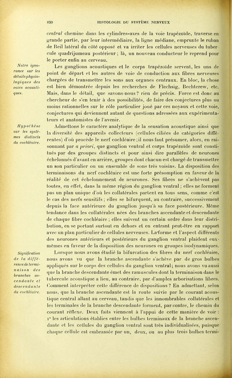Notre igno- rance sur les détails physio- logiques des voies acousti- ques. II ypof hèse sur les systè- mes distincts du cochléaire. Significalion de la diffé- rence de termi- naison des branches as- cendante et descendante du cochléaire. central chemine dans les cylindres-axes de la voie trapézoïde, traverse en grande partie, par leur intermédiaire, la ligne médiane, emprunte le ruban de Reil latéral du côté opposé et va irriter les cellules nerveuses du tuber cule quadrijumeau postérieur; là, un nouveau conducteur le reprend pour le porter enfin au cerveau. Les ganglions acoustiques et le corps trapézoïde servent, les uns de point de départ et les autres de voie de conduction aux fibres nerveuses chargées de transmettre les sons aux organes centraux. En bloc, la chose est bien démontrée depuis les recherches de Flechsig, Bechterew, etc. Mais, dans le détail, que savons-nous? rien de précis. Force est donc au chercheur de s'en tenir à des possibilités, de faire des conjectures plus ou moins rationnelles sur le rôle particulier joué par ces noyaux et cette voie, conjectures qui deviennent autant de questions adressées aux expérimenta- teurs et anatomistes de l'avenir. Admettons le caractère analytique de la sensation acoustique ainsi que la diversité des appareils collecteurs (cellules ciliées de catégories diffé- rentes) d'où procède le nerf cochléaire ; il nous faut présumer, alors, en rai- sonnant par a priori, que ganglion ventral et corps trapézoïde sont consti- tués par des groupes distincts et pour ainsi dire parallèles de neurones échelonnés d'avant en arrière, groupes dont chacun est chargé de transmettre un son particulier ou un ensemble de sons très voisins. La disposition des terminaisons du nerf cochléaire est une forte présomption en faveur de la réalité de cet échelonnement de neurones, Ses fibres ne s'achèvent pas toutes, en effet, dans la même région du ganglion ventral ; elles ne forment pas un plan unique d'où les collatérales partent en tous sens, comme c'est le cas des nerfs sensitifs ; elles se bifurquent, au contraire, successivement depuis la face antérieure du ganglion jusqu'à sa face postérieure. Même tendance dans les collatérales nées des branches ascendante et descendante de chaque flbre cochléaire ; elles suivent un certain ordre dans leur distri- bution, en se portant surtout en dehors et en entrant peut-être en rapport avec un plan particulier de cellules nerveuses. La'forme et l'aspect différents des neurones antérieurs et postérieurs du ganglion ventral plaident eux- mêmes en faveur de la disposition des neurones en groupes isodynamiques. Lorsque nous avons étudié la bifurcation des fibres du nerf cochléaire, nous avons vu que la branche ascendante s'achève par de gros bulbes appliqués sur le corps des cellules du ganglion ventral; nous avons vu aussi que la branche descendante émet des ramuscules dont la terminaison dans le tubercule acoustique a lieu, au contraire, par d'amples arborisations libres. C-omment interpréter cette différence de dispositions? En admettant, selon nous, que la branche ascendante est la route suivie par le courant acous- tique central allant au cerveau, tandis que les innombrables collatérales et les terminales de la branche descendante forment, par contre, le chemin du courant réflexe. Deux faits viennent à l'appui de cette manière de voir : 1° les articulations établies entre les bulbes terminaux de la branche ascen- dante et les cellules du ganglion ventral sont très individualisées, puisque chaque cellule est embrassée par un, deux, ou au plus trois bulbes termi-
