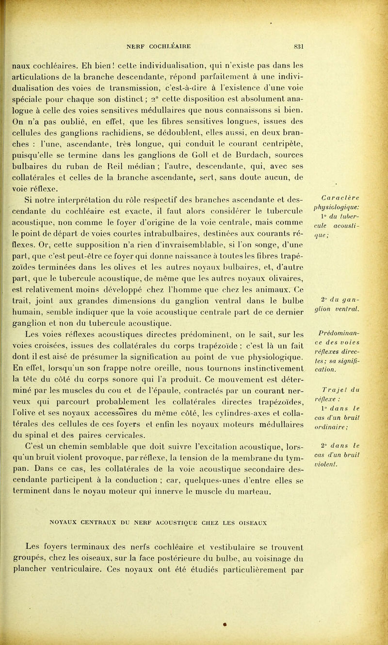 naux cochléaires. Eh bierf! celle individualisalion, qui n'exisle pas dans les articulalions de la branche descendante, répond parfailement à une indivi- dualisation des voies de transmission, c'est-à-dire à l'existence d'une voie spéciale pour chaque son distinct; 2° cette disposition est absolument ana- logue à celle des voies sensitives médullaires que nous connaissons si bien. (3n n'a pas oublié, en effet, que les fibres sensitives longues, issues des cellules des ganglions rachidiens, se dédoublent, elles aussi, en deux bran- ches : l'une, ascendante, très longue, qui conduit le courant centripète, puisqu'elle se termine dans les ganglions de Goll et de Burdach, sources bulbaires du ruban de Reil médian ; l'autre, descendante, qui, avec ses collatérales et celles de la branche ascendante, sert, sans doute aucun, de voie réflexe. Si notre interprétation du rôle respectif des branches ascendante et des- cendante du cochléaire est exacte, il faut alors considérer le tubercule acoustique, non comme le foyer d'origine de la voie centrale, mais comme le point de départ dévoies courtes intrabulbaires, destinées aux courants ré- flexes. Or, cette supposition n'a rien d'invraisemblable, si l'on songe, d'une part, que c'est peut-être ce foyer qui donne naissance à toutes les fibres trapé- zoides terminées dans les olives et les autres noyaux bulbaires, et, d'autre part, que le tubercule acoustique, de même que les autres noyaux olivaires, est relativement moins développé chez l'homme que chez les animaux. Ce Irait, joint aux grandes dimensions du ganglion ventral dans le bulbe humain, semble indiquer que la voie acoustique centrale part de ce dernier ganglion et non du tubercule acoustique. Les voies réflexes acoustiques directes prédominent, on le sait, sur les voies croisées, issues des collatérales du corps trapézoïde : c'est là un fait dont il est aisé de présumer la signification au point de vue physiologique. En effet, lorsqu'un son frappe notre oreille, nous tournons instinctivement la tête du côté du corps sonore qui l'a produit. Ce mouvement est déter- miné par les muscles du cou et de l'épaule, contractés par un courant ner- veux qui parcourt probablement les collatérales directes trapézoïdes, l'olive et ses noyaux accessoires du même côté, les cylindres-axes et colla- térales des cellules de ces foyers et enfin les noyaux moteurs médullaires du spinal et des paires cervicales. C'est un chemin semblable que doit suivre l'excitalion acoustique, lors- qu'un bruit violent provoque, par réflexe, la tension de la membrane du tym- pan. Dans ce cas, les collatérales de la voie acoustique secondaire des- cendante participent à la conduction ; car, quelques-unes d'entre elles se terminent dans le noyau moteur qui innerve le muscle du marteau. Caractère physiclogiiiue: 1° du tuber- cule acousti- que; 2° du gan- glion ventral. Prédominan- ce des voies réflexes direc- tes ; sa signifi- cation. Trajet du réflexe : l dans le cas d'un bruit ordinaire ; 2° dans le cas d'un bruit violent. NOYAUX CENTRAUX DU NERF ACOUSTIQUE CHEZ LES OISEAUX Les foyers terminaux des nerfs cochléaire et vestibulaire se trouvent groupés, chez les oiseaux, sur la face postérieure du bulbe, au voisinage du plancher ventriculaire. Ces noyaux ont été étudiés particulièrement par