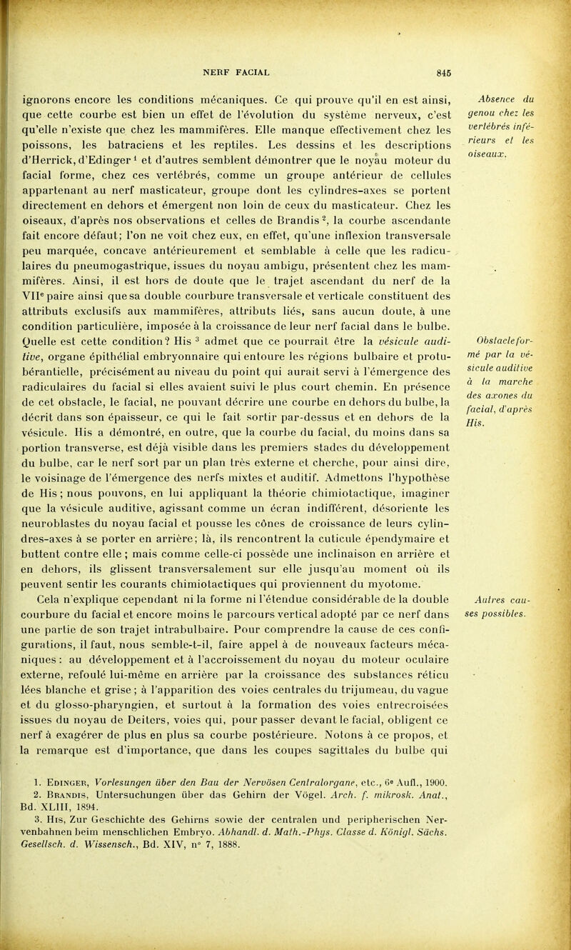 ignorons encore les conditions mécaniques. Ce qui prouve qu'il en est ainsi, que cette courbe est bien un effet de l'évolution du système nerveux, c'est qu'elle n'existe que chez les mammifères. Elle manque effectivement chez les poissons, les batraciens et les reptiles. Les dessins et les descriptions d'Herrick, d'Edinger '■ et d'autres semblent démontrer que le noyau moteur du facial forme, chez ces vertébrés, comme un groupe antérieur de cellules appartenant au nerf masticateur, groupe dont les cylindres-axes se portent directement en dehors et émergent non loin de ceux du masticateur. Chez les oiseaux, d'après nos observations et celles de Brandis ^, la courbe ascendante fait encore défaut; l'on ne voit chez eux, en effet, qu'une inflexion transversale peu marquée, concave antérieurement et semblable à celle que les radicu- laires du pneumogastrique, issues du noyau ambigu, présentent chez les mam- mifères. Ainsi, il est hors de doute que le trajet ascendant du nerf de la VIP paire ainsi que sa double courbure transversale et verticale constituent des attributs exclusifs aux mammifèi'es, attributs liés, sans aucun doute, à une condition particulière, imposée à la croissance de leur nerf facial dans le bulbe. Quelle est cette condition? His ^ admet que ce pourrait être la vésicule audi- tive, organe épithélial embryonnaire qui entoure les régions bulbaire et protu- bérantielle, précisément au niveau du point qui aurait servi à l'émergence des radiculaires du facial si elles avaient suivi le plus court chemin. En présence de cet obstacle, le facial, ne pouvant décrire une courbe en dehors du bulbe, la décrit dans son épaisseur, ce qui le fait sortir par-dessus et en dehors de la vésicule. His a démontré, en outre, que la courbe du facial, du moins dans sa portion transverse, est déjà visible dans les premiers stades du développement du bulbe, car le nerf sort par un plan très externe et cherche, pour ainsi dire, le voisinage de l'émergence des nerfs mixtes et auditif. Admettons l'hypothèse de His ; nous pouvons, en lui appliquant la théorie chimiotactique, imaginer que la vésicule auditive, agissant comme un écran indifférent, désoriente les neuroblastes du noyau facial et pousse les cônes de croissance de leurs cylin- dres-axes à se porter en arrière; là, ils rencontrent la cuticule épendymaire et buttent contre elle ; mais comme celle-ci possède une inclinaison en arrière et en dehors, ils glissent transversalement sur elle jusqu'au moment où ils peuvent sentir les courants chimiotaetiques qui proviennent du myotome. Cela n'explique cependant ni la forme ni l'étendue considérable de la double courbure du facial et encore moins le parcours vertical adopté par ce nerf dans une partie de son trajet intrabulbaire. Pour comprendre la cause de ces confi- gurations, il faut, nous semble-t-il, faire appel à de nouveaux facteurs méca- niques : au développement et à l'accroissement du noyau du moteur oculaire externe, refoulé lui-même en arrière par la croissance des substances réticu lées blanche et grise; à l'apparition des voies centrales du trijumeau, du vague et du glosso-pharyngien, et surtout à la formation des voies entrecroisées issues du noyau de Deiters, voies qui, pour passer devant le facial, obligent ce nerf à exagérer de plus en plus sa courbe postérieure. Notons à ce propos, et la remarque est d'importance, que dans les coupes sagittales du bulbe qui Absence du genou chez les vertébrés infé- rieurs et les oiseaux. Obslacle/'or- mé par la vé- sicule auditive à la marche des axones du facial, d'après His. Autres cau- ses possibles. 1. Edinger, Vorlesungen ûber den Bau der Nervôsen Centralorgane, etc., iî' Aufl., 1900. 2. Brandis, Untersuchungen ûber das Gehirn der Vôgel. Arch. f. mikrosli. Anat., Bd. XLIII, 1894. 3. His, Zur Geschichte des Gehirns sowie der centralen und peripherischen Ner- venbahnen beim menschlichen Embryo. Abhandl. d. Math.-Phys. Classe d. Kônigl. Sachs.