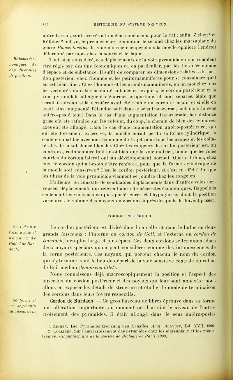 Raisons éco- nomiques de ces diversités de position. notre travail, sont arrivés à la même conclusion pour le rat ; enfin, Ziehen * et Kôlliker^ ont vu, le premier chez le mouton, le second chez les marsupiaux du genre Phascolarclus, la voie motrice occuper dans la moelle épinière l'endroit déterminé par nous chez la souris et le lapin. Tout bien considéré, ces déplacements delà voie pyramidale nous semblent être régis par des fins économiques et, en particulier, par les lois d'économie d'espace et de substance. Il suffit de comparer les dimensions relatives du cor- don postérieur chez l'homme et les petits mammifères pour se convaincre qu'il en est bien ainsi. Chez l'homme et les grands mammifères, en un mot chez tous les vertébrés dont la sensibilité cutanée est exquise, le cordon postérieur et la voie pyramidale atteignent d'énormes proportions et sont séparés. Mais que serait-il advenu si la dernière avait été réunie au cordon sensiLif et si elle en avait ainsi augmenté l'étendue soit dans le sens transversal, soit dans le sens antéro-postérieur? Dans le cas d'une augmentation traiisversale, la substance grise eût été refoulée sur les côtés et, du coup, le chemin de bien des cylindres- axes eût été allongé. Dans le cas d'une augmentation antéro-postérieure, qui eût été forcément excessive, la moelle aurait perdu sa forme cylindrique, la seule compatible avec une économie de trajet pour tous les axones et les colla- térales de la substance blanche. Chez les rongeurs, le cordon postérieur est, au contraire, rudimentaire tout aussi bien que la voie motrice, tandis que les voies courtes du cordon latéral ont un développement normal. Quel est donc, chez eux, le cordon qui a besoin d'être renforcé, pour que la forme cylindrique de la moelle soit conservée ? C'est le cordon postérieur, et c'est en effet à lui que les fibres de la voie pyramidale viennent se joindre chez les rongeurs. D'ailleurs, on constate de semblables déplacements dans d'autres voies ner- veuses, déplacements qui relèvent aussi de nécessités économiques. Rappelons seulement les voies acoustiques postérieures et l'hypoglosse, dont la position varie avec le volume des noyaux ou cordons auprès desquels ils doivent passer. CORDON POSTERIEUR Ses deux faisceaux et noyaux de Goll et de Bur- dacli. Sa forme et ses segments au niveau de la Le cordon postérieur est divisé dans la moelle et dans le bulbe en deux grands faisceaux : l'interne ou cordon de Goll, et l'externe ou cordon de Burdach, bien plus large et plus épais. Ces deux cordons se terminent dans deux noyaux spéciaux qu'on peut considérer comme des intumescences de la corne postérieure. Ces noyaux, qui portent chacun le nom du cordon qui s'y termine, sont le lieu de départ de la voie sensitive centrale ou ruban de Reil médian [lemniscus fillet). Nous connaissons déjà macroscopiquement la position et l'aspect des faisceaux du cordon postérieur et des noyaux qui leur sont annexés ; nous allons en exposer les détails de structure et étudier le mode de terminaison des cordons dans leurs foyers respectifs. Cordon de Burdach. — Ce gros faisceau de fibres éprouve dans sa forme une altération importante, au moment où il atteint le niveau de l'entre- croisement des pyramides. Il était allongé dans le sens antéro-posté- 1. ZiEHEN, Die Pyramidenkreuzung des Schaffes. Anat. Anzeiger, Bd. XVII, 1900. 2. KôLLHiEB, Sur l'entrecroisement des pyramides chez les marsupiaux et les mono- trèmes. Cinquantenaire de la Société de Biologie de Paris, 1900,