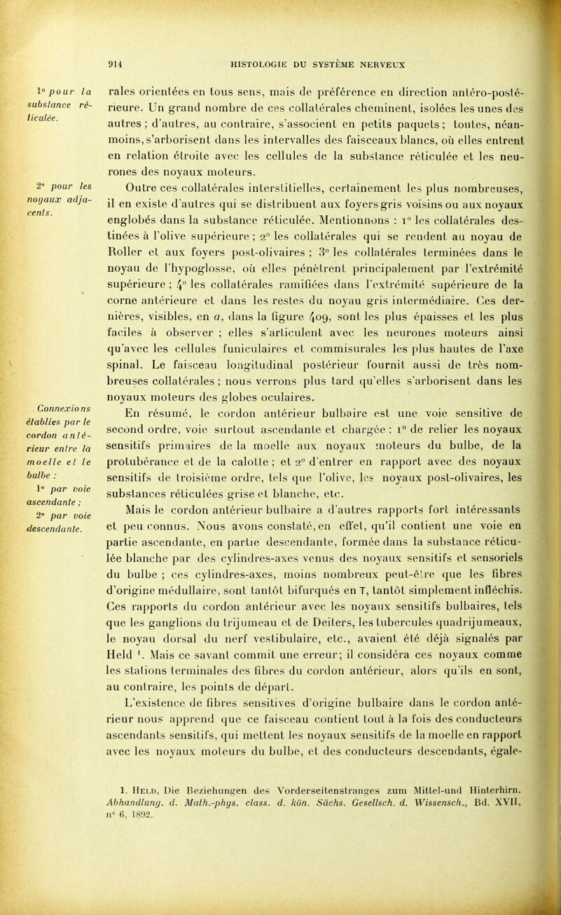 1° pour la substance ré- ticulée. 2° pour les noyaux adja- cents. Connexions établies par le cordon anté- rieur entre la moelle et le bulbe : 1° par voie ascendante ; 2» par voie descendante. raies orientées en tous sens, mais de préférence en direction antéro-poslé- rieure. Un grand nombre de ces collalérales cheminent, isolées les unes des autres ; d'autres, au contraire, s'associent en petits paquets ; tontes, néan- moins, s'arborisent dans les intervalles des faisceaux blancs, où elles entrent en relation étroite avec les cellules de la substance réticulée et les neu- rones des noyaux moteurs. Outre ces collatérales interstitielles, certainement les plus nombreuses, il en existe d'autres qui se distribuent aux foyers gris voisins ou aux noyaux englobés dans la substance réticulée. Mentionnons : i les collatérales des- tinées à l'olive supérieure ; 2° les collatérales qui se rendent au noyau de Roller et aux foyers post-olivaires ; 3° les collatérales terminées dans le noyau de l'hypoglosse, où elles pénètrent principalement par l'extrémité supérieure ; 4 les collatérales ramifiées dans l'extrémité supérieure de la corne antérieure et dans les restes du noyau gris intermédiaire. Ces der- nières, visibles, en a, dans la figure 409, sont les plus épaisses et les plus faciles à observer ; elles s'articulent avec les neurones moteurs ainsi qu'avec les cellules funiculaires et commisurales les plus hautes de l'axe spinal. Le faisceau longitudinal postérieur fournit aussi de très nom- breuses collatérales ; nous verrons plus tard qu'elles s'arborisent dans les noyaux moteurs des globes oculaires. En résumé, le cordon antérieur bulbaire est une voie sensitive de second ordre, voie surtout ascendante et chargée : 1° de relier les noyaux sensitifs primaires de la moelle aux noyaux moteurs du bulbe, de la protubérance et de la calotte ; et 2 d'entrer en rapport avec des noyaux sensitifs de troisième ordre, tels que l'olive, les noyaux post-olivaires, les substances réticulées grise et blanche, etc. Mais le cordon antérieur bulbaire a d'autres rapports fort intéressants et peu connus. Nous avons constaté, en effet, qu'il contient une voie en partie ascendante, en partie descendante, formée dans la substance réticu- lée blanche par des cylindres-axes venus des noyaux sensitifs et sensoriels du bulbe ; ces cylindres-axes, moins nombreux peut-èlre que les fibres d'origine médullaire, sont tantôt bifurqués en T, tantôt simplement infléchis. Ces rapports du cordon antérieur avec les noyaux sensitifs bulbaires, tels que les ganglions du trijumeau et de Deiters, les tubercules quadrijumeaux, le noyau dorsal du nerf vestibulaire, etc., avaient été déjà signalés par Held ^ Mais ce savant commit une erreur; il considéra ces noyaux comme les stations terminales des fibres du cordon antérieur, alors qu'ils en sont, au contraire, les points de départ. L'existence de fibres sensitives d'origine bulbaire dans le cordon anté- rieur nous apprend que ce faisceau contient tout à la fois des conducteurs ascendants sensitifs, qui mettent les noyaux sensitifs de la moelle en rapport avec les noyaux moteurs du bulbe, et des conducteurs descendants, égale- 1. Held, Die Beziehungen des Vorderseitenslranges zum Mitlel-und Hinterhirn. Abhandlung. d. Math.-p/iys. class. d. kôn. Hachs. Gesellsch. d. Wissensch., Bd. XVII, n 6, 1892.