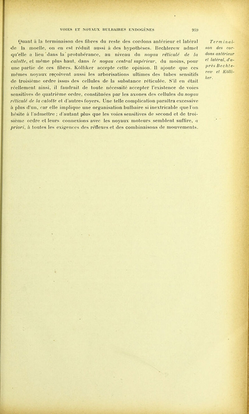 rew et Kôlli- ker. Quant à la terminaison des fiijres du reste des cordons antérieur et latéral Terminai- de la moelle, on en est réduit aussi à des hypothèses. Bechterew admet son des cor- qu'elle a lieu'dans la protubérance, au niveau du noyau véliculé de la dons antérieur calotte, et même plus haut, dans le noyau central supérieur, du moins, pour ^' latéral, da- une partie de ces fibres. Kôlliker accepte cette opinion. Il ajoute que ces presBechte- mêmes noyaux reçoivent aussi les arborisations ultimes des tubes sensitifs {le troisième ordre issus des cellules de la substance réticulée. S'il en était réellement ainsi, il faudrait de toute nécessité accepter l'existence de voies sensitives de quatrième ordre, constituées par les axones des cellules du noyau réticulé de la calotte et d'autres foyers. Une telle complication paraîtra excessive à plus d'un, car elle implique une organisation bulbaire si inextricable que l'on hésite à l'admettre ; d'autant plus que les voies sensitives de second et de troi- sième ordre et leurs connexions avec les noyaux moteurs semblent suffire, a priori, à toutes les exigences des réflexes et des combinaisons de mouvements.