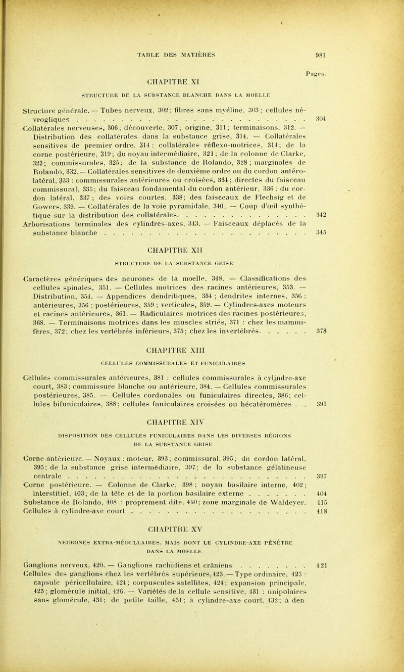 Pages. CHAPITRE XI STRUCTOKE DE LA SUBSTANCE BLANCHE DANS LA MOELLE Structure s<énérale. — Tubes nerveux, 302: fibres sans myéline, 303; cellules né- vrogliques 304 Collatérales nerveuses, 306; découverte, 307; origine, 311; terminaisons, 312. — Distribution des collatérales dans la substance grise, 314. - Collatérales sensitives de premier ordre, 314: collatérales réflexo-motrices, 314; de la corne postérieure, 319; du noyau intermédiaire, 321; de la colonne de Clarke, 323; commissurales, 32.5; de la substance de Rolando, 328; marginales de Rolando, 332. —Collatérales sensitives de deuxième ordre ou du cordon antéro- latéral, 333 : commissurales antérieures ou croisées, 334; directes du faisceau commissural, 33.5; du faisceau fondamental du cordon antérieur, 336: du cor- don latéral, 337 ; des voies courtes, 3.38: des faisceaux de Flechsig et de Gowers, .339. — Collatérales de la voie pyramidale, 340. — Coup d'œil synthé- tique sur la distribution des collatérales 342 Arborisations terminales des cylindres-axes, 343. — Faisceaux déplacés de la substance blanche 345 CHAPITRE XII STRUCTURE DE LA SUBSTANCE GRISE Caractères génériques des neurones de la moelle, 348. — Classifications des cellules spinales, 351. — Cellules motrices de.s racines antérieures, 353. — Distribution, 354. — Appendices dendritiques, 354 ; dendrites internes, 35G ; antérieures, 356 ; postérieures, 359 ; verticales, 359. — Cylindres-axes moteurs et racines antérieures, 361. — Radiculaires motrices des racines postérieures, 368. — Terminaisons motrices dans les muscles striés, 371 : chez les mammi- fères, 372; chez les vertébrés inférieurs, 375; chez les invertébrés 378 CHAPITRE XIII CELLULES COMMISSURALES ET FUNICULAIRES •Cellules commissurales antérieures, 381 : cellules commissurales à cylindre-axe court, 383 ; commissure blanche ou antérieure, 384. — Cellules commissurales postérieures, 385. — Cellules cordonales ou funiculaires directes, 386; cel- lules bifuniculaires, 388; cellules funiculaires croisées ou hécatéromères . . 391 CHAPITRE XIV DISPOSITION DES CELLULES FUNICULAIRES DANS LES DIVERSES RÉGIONS DE LA SUBSTANCE GRISE Corne antérieure.— Noyaux : moteur, 393; commissural, 395; du cordon latéral, 395; de la substance grise intermédiaire, 397; de la substance gélatineuse centrale , 397 Corne postérieure. — Colonne de Clarke, 398 ; noyau basilaire interne, 402 ; interstitiel, 403; de la tête et de la portion basilaire externe 404 Substance de Rolando, 408 : proprement dite, 410; zone marginale de Waldeyer. 415 Cellules à cylindre-axe court 418 CHAPITRE XV NEURONES EXTRA-MÉDULLAIRES, MAIS DONT LE CYLINDRE-AXE PÉNÈTRE DANS LA MOELLE Ganglions nerveux, 420. — Ganglions rachidiens et crâniens 421 Cellules des ganglions chez les vertébrés supérieurs,423. — Type ordinaire, 423 : capsule péricellulaire, 424; corpuscules satellites, 424; expansion principale, 425 ; glomérule initial, 426. — Variétés de la cellule sensitive, 431 : unipolaires sans glomérule, 431; de petite taille, 431; à cylindre-axe court, 432; à den-