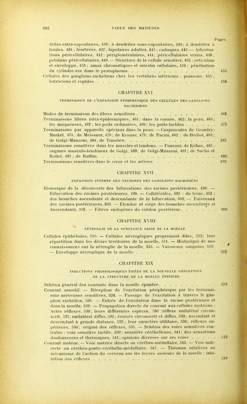 Pages. drites extra-capsulaires, 433; à dendrites sous-capsulaires, 434; à dendrites à boules, 434 ; fenètrées, 437 ; bipolaires adultes, 441 ; caduques, 443.— Arborisa- tions péricellulaires, 442: périglomérulaires, 444; péricellulaires vraies, 448; pelotons péricellulaires, 449. — Structure de la cellule sensitive, 452 : reticulum et enveloppe, 453 ; amas chromatiques et intestin cellulaire, 454 ; pénétration du cylindre-axe dans le protoplasma 455 Cellules des ganglions rachidiens chez les vertébrés inférieurs : poissons, 455 ; batraciens et reptiles ■ • ■ 456 CHAPITRE XVI TERMINAISON DE L'eXPANSION PÉRIPHÉRIQUE DES CELLULES DES GANGLIONS RACHIDIENS Modes de terminaison des fibres sensitives 4fjl Terminaisons libres intra-épidermiques, 461: dans la cornée, 462; la peau, 464; les muqueuses, 467 ; les poils ordinaires, 469; les poils tactiles 471 Terminaisons par appareils spéciaux dans la peau. — Corpuscules de Grandry- Merkel, 475; de Meissner, 478 ; de Krause,479; de Pacini, 482 : de Herbst, 483 ; de Golgi-Manzoni, 484; de Timotew 485 Terminaisons sensitives dans les muscles et tendons. — Fuseaux de lù'ihne, 485 ; organes musculo-tendineux de Golgi, 489; de Golgi-Manzoni, 491; de Sachs et Rollet, 491 ; de Ruifini 492: Terminaisons sensitives dans le creur et les artères 493 CHAPITRE XVII EXPANSION INTERNE DES NEURONES DES GANGLIONS RACHIDIENS Historique de la découverte des bifurcations des racines postérieures, 496. — Bifurcation des racines postérieures, 499. — Collatérales, 502 : du tronc, 502 ; des branches ascendante et descendante de la bifurcation, 502. — Faisceaux des racines postérieures, 502. — Étendue et siège des branches ascendante et descendante, 503. — Fibres endogènes du cordon postérieur 508 CH.\PITRE XVIII NÉVROGLIE DE LA SUBSTANCE GRISE DE LA iMOELLE Cellules épithéliales, 510. — Cellules névrogliques proprement dites, 513; leur répartition dans les divers territoires de la moelle, 514. — Historique de nos connaissances sur la névroglie de la moelle, 516. — Vaisseaux sanguins, 519. — Enveloppe névroglique de la moelle 522 CHAPITRE XIX INDUCTIONS PHYSIOLOGIQUES TIRÉES DE LA NOUVELLE CONCEPTION DE LA STRUCTURE DE LA MOELLE ÉPINIÈRE Schéma général des courants dans la moelle épinière 523- Courant sensitif. — Réception de l'excitation périphérique par les terminai- sons nerveuses sensitives, 524. — Passage de l'excitation à travei's le gan- glion rachidien, 526. — Entrée de l'excitation dans la racine postérieure et dans la moelle, 529. — Propagation directe du courant aux cellules motrices : Actes réflexes, 530; leurs dilTérentes espèces, 530 (réflexe unilatéral circon- scrit, 531; unilatéral diffus,.532; croisés circonscrit et diffus, 532: ascendant et descendant à grande distance, 533); leur caractère utilitaire, 534; réflexes su- périeurs, 534; origine des réflexes, 535. — Schéma des voies sensitives cen- trales : voie sensitive tactile, 539; sensitive cérébelleuse, 541; des sensations douloureuses et thermiques, 541 ; opinions diverses sur ses voies -itS- Courant moteur. — Voie motrice directe ou cérébro-médullaire, 543. — Voie indi- recte ou cérébro-ponto-cérébello-médullaire, 547. — Théories relatives au mécanisme de l'action du cerveau sur les foyers moteurs de la moelle ; inhi- bition des réflexes ''^^