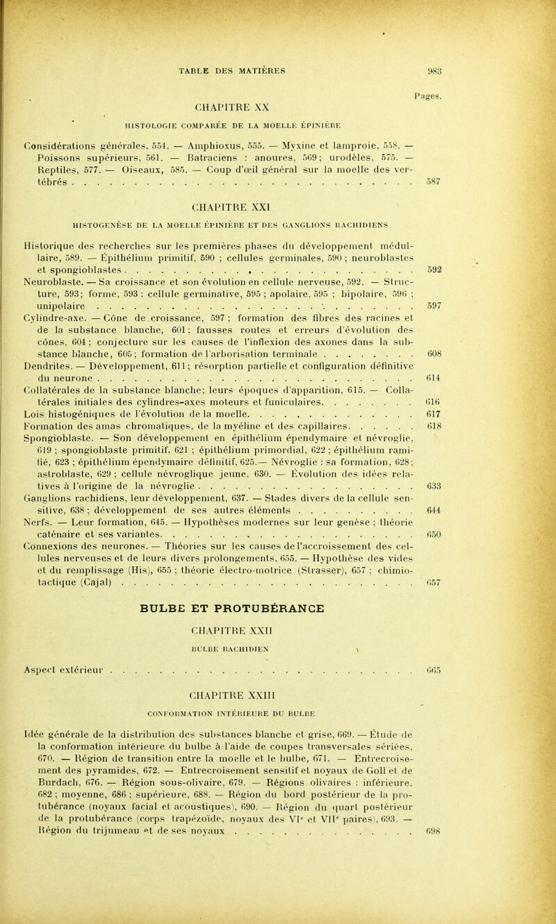 Pages. CHAPITRE XX HISTOLOGIE COMPARÉE DE LA MOELLE ÉPINIÈRE Considérations générales, 554. — Amphioxus, 555. — Myxine et lamproie, 558. — Poissons supérieurs, 561. — Batraciens : anoures, 569; urodèles, 575. — Reptiles, 577. — Oiseaux, 585. — Coup d'œil général sur la moelle des ver- tébrés 587 CHAPITRE XXI HISTOGENÈSE DE LA MOELLE ÉPINIÈriE ET DES GANGLIONS RACHIDIENS Historique des recherches sur les premières phases du développement médul- laire, 589. — Épithélium primitif, 590 ; cellules germinales, 590 ; neuroblastes et spongioblastes 592 Neuroblaste. — Sa croissance et son évolution en cellule nerveuse, 592. —- Struc- ture, 593; forme, 598: cellule germinative, 595; apolaire, 595 ; bipolaire, 596 ; unipolaire . 597 Cylindre-axe. —Cône dé croissance, 597; formation des fibres des racines et de la substance blanche, 601 ; fausses routes et erreurs d'évolution des cônes, 604; conjecture sur les causes de l'inflexion des axones dans la sub- stance blanche, 605; formation de l'arborisation terminale 608 Dendrites. — Développement, 611; résorption partielle et configuration définitive du neurone 614 Collatérales de la substance blanche; leurs époques d'apparition, 615. — Colla- térales initiales des cylindres-axes moteurs et funiculaires 616 Lois histogéniques de l'évolution de la moelle. . ., 617 Formation des amas chromatiques, de la myéline et des capillaires 618 Spongioblaste. — Son développement en épithélium épendymaire et névroglie, 619 ; spongioblaste primitif, 621 ; épithélium primordial, 622 ; épithélium rami- fié, 623 ; épithélium épendymaire définitif, 625.— Névroglie : sa formation, 628: astroblaste, 629 ; cellule névroglique jeune. 630. — Évolution des idées rela- tives à l'origine de la névroglie 633 Ganglions rachidiens, leur développement, 637. —Stades divers de la cellule sen- silive, 638 ; développement de ses autres éléments 644 Nerfs. — Leur formation, 645. — Hypothèses modernes sur leur genèse ; théorie caténaire et ses variantes 650 Connexions des neurones.— Théories sur les causes de l'accroissement des cel- lules nerveuses et de leurs divers prolongements, 6.55. — Hypothèse îles vides et du remplissage (His), 655 ; théorie électro-motrice (Strasser), 657 ; chimio- taclique (Cajal) 6.57 BULBE ET PROTUBÉRANCE CHAPITRE XXII BULBE RACHIDIEN \ Aspect extélieur 665 CHAPITRE XXIII CONFORMATION INTÉRIEURE DU BULBE Idée générale de la distribution des substances blanche et grise, 669. — Étude de la conformation intérieure du bulbe à l'aide de coupes transversales sériées, 670. — Région de transition entre la moelle et le bulbe, 671. — Entrecroise- ment des pyramides, 672. — Entrecroisement sensitif et noyaux de GoU et de Burdach, 676. — Région sous-olivaire, 679. — Régions olivaires : inférieure, 682 ; moyenne, 686 ; supérieure, 688. — Région du bord postérieur de la pro- tubérance (noyaux facial et acoustiques!, 690. — Région du quart postérieur de la protubérance (corps trapézoïdo, noyaux des 'VI' et VIP paires), 693. — Région du trijumeau -^t de ses noyaux 698