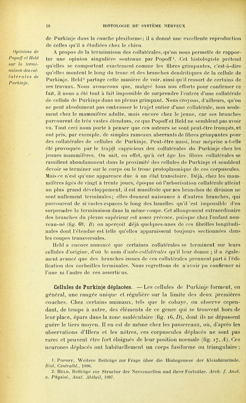 Opinions de Popoff et Held sur la termi- naison des col- latérales de Purkinje. de Purkinje dans la couche plexiforme; il a donné une excellente reproduction de celles qu'il a étudiées chez le chien. A propos de la terminaison des collatérales, qu'on nous permette de rappor- ter une opinion singulière soutenue par Popoff1. Cet histologiste prétend qu'elles se comportent exactement comme les fibres grimpantes, c'est-à-dire qu'elles montent le long du tronc et des branches dendritiques de la cellule de Purkinje. Held2 partage cette manière de voir, ainsi qu'il ressort de certains de ses travaux. Nous avouerons que, malgré tous nos efforts pour confirmer ce fait, il nous a été tout à fait impossible de surprendre l'entrée d'une collatérale de cellule de Purkinje dans un plexus grimpant. Nous croyons, d'ailleurs, qu'on ne peut absolument pas embrasser le trajet entier d'une collatérale, non seule- ment chez le mammifère adulte, mais encore chez le jeune, car ses branches parcourent de très vastes étendues, ce que Popoff et Held ne semblent pas avoir vu. Tout ceci nous porte à penser que ces auteurs se sont peut-être trompés, «t ont pris, par exemple, de simples rameaux aberrants de fibres grimpantes pour des collatérales de cellules de Purkinje. Peut-être aussi, leur méprise a-t-elle été provoquée par le trajet capricieux des collatérales de Purkinje chez les jeunes mammifères. On sait, en effet, qu'à cet âge les fibres collatérales se ramifient abondamment dans la proximité des cellules de Purkinje et semblent devoir se terminer sur le corps ou le tronc protoplasmique de ces corpuscules. Mais ce n'est qu'une apparence due à un état transitoire. Déjà, chez les mam- mifères âgés de vingt à trente jours, époque où l'arborisation collatérale atteint un plus grand développement, il est manifeste que ses branches de division ne sont nullement terminales; elles donnent naissance à d'autres branches, qui parcourent de si vastes espaces le long des lamelles qu'il 'est impossible d'en surprendre la terminaison dans la même coupe. Cet allongement extraordinaire des branches du plexus supérieur est assez précoce, puisque chez l'enfant nou- veau-né (fig. 69, B) on aperçoit déjà quelques-unes de ces fibrilles longitudi- nales dont l'étendue est telle qu'elles apparaissent toujours sectionnées dans les coupes transversales. Held a encore annoncé que certaines collatérales se terminent sur leurs cellules d'origine, d'où le nom d'aiilo-cnllatérales qu'il leur donne ; il a égale- ment avancé que des branches issues de ces collatérales prennent part à l'édi- fication des corbeilles terminales. Nous regrettons de navoir pu confirmer ni l'une ni l'autre de ces assertions. Cellules de Purkinje déplacées. —Les cellules de Purkinje forment, en général, une rangée unique et régulière sur la limite des deux premières couches. Chez certains animaux, tels que le cobaye, on observe cepen- dant, de temps à autre, des éléments de ce genre qui se trouvent hors de leur place, épars dans la zone moléculaire (fig. 16, D), dont ils ne dépassent guère le tiers moyen. Il en est de même chez les passereaux, où, d'après les observations d'Illera et les nôtres, ces corpuscules déplacés ne sont pas rares et peuvent être fort éloignés de leur position normale (fig. 17, ^4). Ces neurones déplacés ont habituellement un corps fusiforme ou triangulaire; 1. Popoff, Weitere Beitrage zur Frage ùber die Histogenèse der Kleinhirnrinde. Biol. Centralbl., 1896. 2. Held, Beitriige zur Structur der Nervenzellen und ihrer Foi tsatze. Arch. f. Anat. 11. Physiol., Anal. Abthcil, 1897.