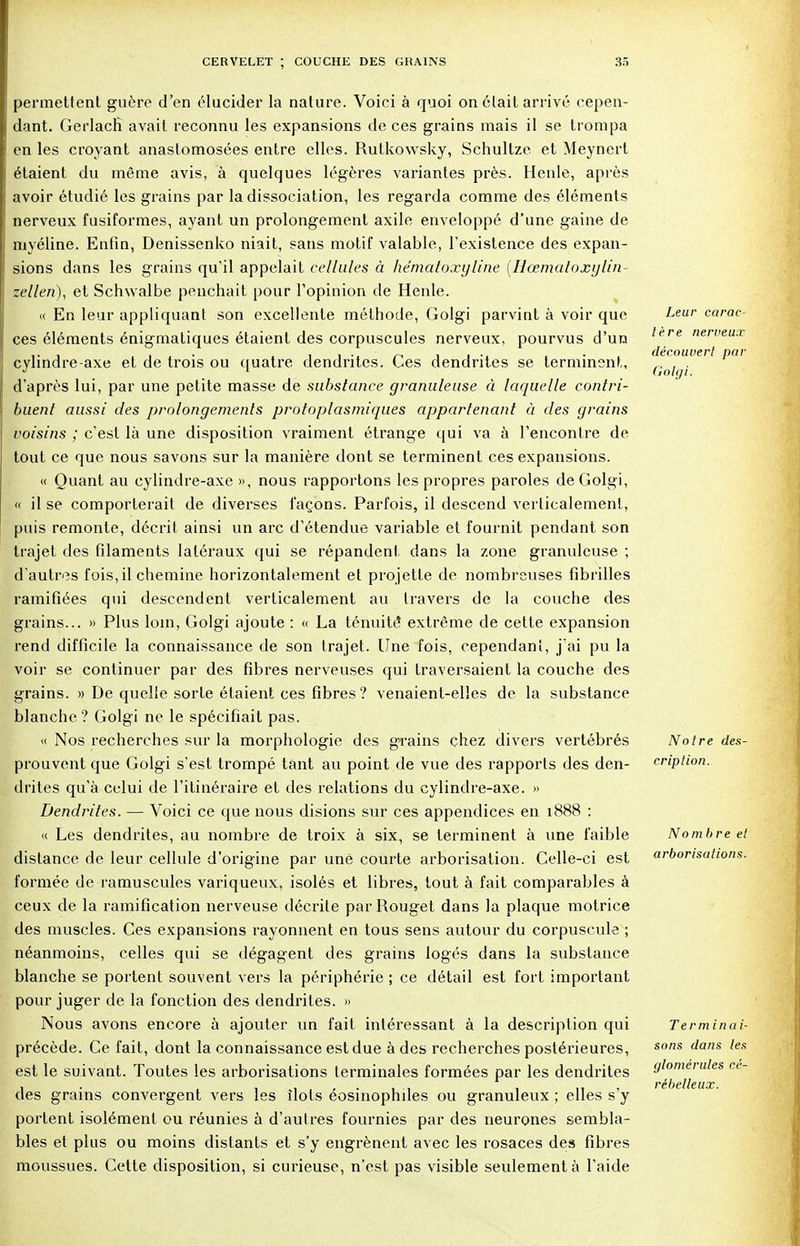 permettent guère d'en élucider la nature. Voici à quoi on était arrivé cepen- dant. Gerlacli avait reconnu les expansions de ces grains mais il se trompa en les croyant anastomosées entre elles. Rutkowsky, Schultze et Meynert étaient du même avis, à quelques légères variantes près. Henle, après avoir étudié les grains par la dissociation, les regarda comme des éléments nerveux fusiformes, ayant un prolongement axile enveloppé d'une gaine de myéline. Enfin, Denissenko niait, sans motif valable, l'existence des expan- sions dans les grains qu'il appelait cellules à hématoxyline (Hœmatoxylin- zellen), et Schwalbe penchait pour l'opinion de Henle. « En leur appliquant son excellente méthode, Golgi parvint à voir que ces éléments énigmatiques étaient des corpuscules nerveux, pourvus d'un cylindre-axe et de trois ou quatre dendrites. Ces dendrit.es se terminent, d'après lui, par une petite masse de substance granuleuse à laquelle contri- buent aussi des prolongements protoplasmiques appartenant à des grains voisins ; c'est là une disposition vraiment étrange qui va à rencontre de tout ce que nous savons sur la manière dont se terminent ces expansions. « Quant au cylindre-axe », nous rapportons les propres paroles de Golgi, « il se comporterait de diverses façons. Parfois, il descend verticalement, puis remonte, décrit ainsi un arc d'étendue variable et fournit pendant son trajet des filaments latéraux qui se répandent dans la zone granuleuse ; d'autres fois, il chemine horizontalement et projette de nombreuses fibrilles ramifiées qui descendent verticalement au travers de la couche des grains... » Plus loin, Golgi ajoute : « La ténuité* extrême de cette expansion rend difficile la connaissance de son trajet. Une fois, cependant, j'ai pu la voir se continuer par des fibres nerveuses qui traversaient la couche des grains. » De quelle sorte étaient ces fibres? venaient-elles de la substance blanche? Golgi ne le spécifiait pas. « Nos recherches sur la morphologie des grains chez divers vertébrés prouvent que Golgi s'est trompé tant au point de vue des rapports des den- drites qu'à celui de l'itinéraire et des relations du cylindre-axe. » Dendrites. — Voici ce que nous disions sur ces appendices en 1888 : « Les dendrites, au nombre de troix à six, se terminent à une faible distance de leur cellule d'origine par une courte arborisation. Celle-ci est formée de ramuscules variqueux, isolés et libres, tout à fait comparables à ceux de la ramification nerveuse décrite par Rouget dans la plaque motrice des muscles. Ces expansions rayonnent en tous sens autour du corpuscule ; néanmoins, celles qui se dégagent des grains logés dans la substance blanche se portent souvent vers la périphérie ; ce détail est fort important pour juger de la fonction des dendrites. » Nous avons encore à ajouter un fait intéressant à la description qui précède. Ce fait, dont la connaissance est due à des recherches postérieures, est le suivant. Toutes les arborisations terminales formées par les dendrites des grains convergent vers les îlots éosinophiles ou granuleux ; elles s'y portent isolément ou réunies à d'autres fournies par des neurones sembla- bles et plus ou moins distants et s'y engrènent avec les rosaces des fibres moussues. Celte disposition, si curieuse, n'est pas visible seulement à l'aide Leur carac- tère nerveux découvert par Golgi. Notre des- cription. Nombre et arborisations. Terminai- sons dans les glomérules cé- rébelleux.