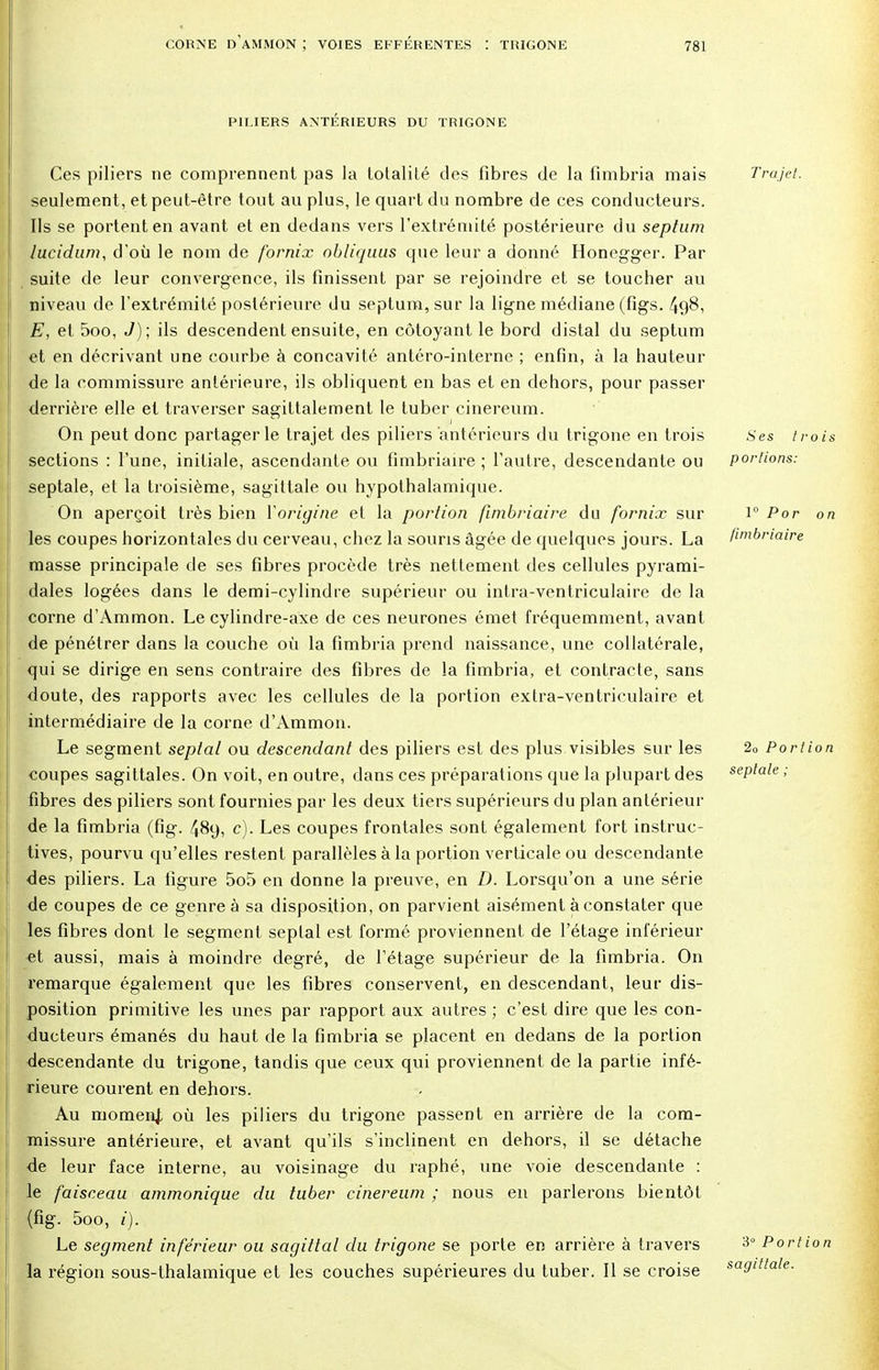 PILIERS ANTÉRIEURS DU TRIGONE Ces piliers ne comprennent pas la totalité des fibres de la fîmbria mais Trajet. seulement , et peut-être tout au plus, le quart du nombre de ces conducteurs. Ils se portent en avant et en dedans vers l'extrémité postérieure du septum lucidum, d'où le nom de fornix obliquas que leur a donné Honegger. Par suite de leur convergence, ils finissent par se rejoindre et se toucher au niveau de l'extrémité postérieure du septum, sur la ligne médiane (figs. 498, E, et 5oo, J); ils descendent ensuite, en côtoyant le bord distal du septum et en décrivant une courbe à concavité antéro-interne ; enfin, à la hauteur de la commissure antérieure, ils obliquent en bas et en dehors, pour passer derrière elle et traverser sagiltalement le tuber cinereum. On peut donc partager le trajet des piliers antérieurs du trigone en trois Ses trois sections : l'une, initiale, ascendante ou fimbriaire ; l'autre, descendante ou portions: septale, et la troisième, sagittale ou hypothalamique. On aperçoit très bien ïorigine et la portion fimbriaire du fornix sur 1° Por on les coupes horizontales du cerveau, chez la souris âgée de quelques jours. La fimbriaire masse principale de ses fibres procède très nettement des cellules pyrami- dales logées dans le demi-cylindre supérieur ou intra-ventriculaire de la corne d'Ammon. Le cylindre-axe de ces neurones émet fréquemment, avant de pénétrer dans la couche où la fimbria prend naissance, une collatérale, qui se dirige en sens contraire des fibres de la fimbria, et contracte, sans doute, des rapports avec les cellules de la portion extra-ventriculaire et intermédiaire de la corne d'Ammon. Le segment seplal ou descendant des piliers est des plus visibles sur les 20 Portion coupes sagittales. On voit, en outre, dans ces préparations que la plupart des septale ; fibres des piliers sont fournies par les deux tiers supérieurs du plan antérieur de la fimbria (fig. 489, c). Les coupes frontales sont également fort instruc- tives, pourvu qu'elles restent parallèles à la portion verticale ou descendante des piliers. La figure 5o5 en donne la preuve, en D. Lorsqu'on a une série de coupes de ce genre à sa disposition, on parvient aisément à constater que les fibres dont le segment seplal est formé proviennent de l'étage inférieur •et aussi, mais à moindre degré, de l'étage supérieur de la fimbria. On remarque également que les fibres conservent, en descendant, leur dis- position primitive les unes par rapport aux autres ; c'est dire que les con- ducteurs émanés du haut de la fimbria se placent en dedans de la portion descendante du trigone, tandis que ceux qui proviennent de la partie infé- rieure courent en dehors. Au momenj, où les piliers du trigone passent en arrière de la com- missure antérieure, et avant qu'ils s'inclinent en dehors, il se détache de leur face interne, au voisinage du raphé, une voie descendante : le faisceau ammonique du tuber cinereum ; nous en parlerons bientôt (fig. 5oo, i). Le segment inférieur ou sagittal du trigone se porte en arrière à travers 30 Portion la région sous-thalamique et les couches supérieures du tuber. Il se croise sagittale.