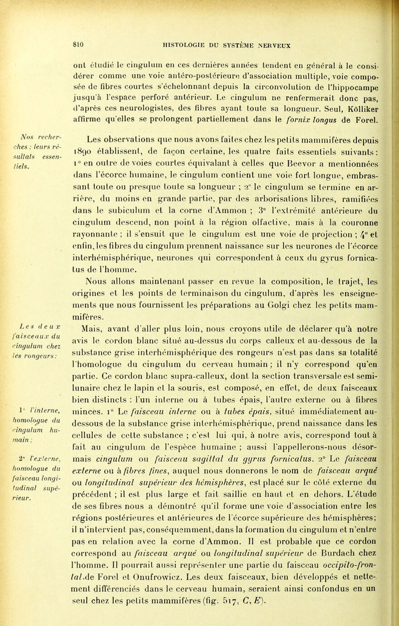 Nos recher- ches ; leurs ré- sultais essen- tiels. Les deux faisceaux du cingulum chez lés rongeurs: 1 l'interne, homologue du cingulum hu- main ; 2 l'externe, homologue du faisceau longi- tudinal supé- rieur. ont étudié le cingulum en ces dernières années tendent en général à le consi- dérer comme une voie antéro-postérieure d'association multiple, voie compo- sée de fibres courtes s'échelonnant depuis la circonvolution de l'hippocampe jusqu'à l'espace perforé antérieur. Le cingulum ne renfermerait donc pas, d'après ces neurologistes, des fibres ayant toute sa longueur. Seul, Kôlliker affirme qu'elles se prolongent partiellement dans le fornix longus de Forel. Les observations que nous avons faites chez les petits mammifères depuis 1890 établissent, de façon certaine, les quatre faits essentiels suivants: i° en outre dévoies courtes équivalant à celles que Beevor a mentionnées dans l'écorce humaine, le cingulum contient une voie fort longue, embras- sant toute ou presque toute sa longueur ; 2 le cingulum se termine en ar- rière, du moins en grande partie, par des arborisations libres, ramifiées dans le subiculum et la corne d'Ammon ; 3° l'extrémité antérieure du cingulum descend, non point à la région olfactive, mais à la couronne rayonnante ; il s'ensuit que le cingulum est une voie de projection ; 4° et enfin, les fibres du cingulum prennent naissance sur les neurones de l'écorce interhémisphérique, neurones qui correspondent à ceux du gyrus fornica- tus de l'homme. Nous allons maintenant passer en revue la composition, le trajet, les origines et les points de terminaison du cingulum, d'après les enseigne- ments que nous fournissent les préparations au Golgi chez les petits mam- mifères. Mais, avant d'aller plus loin, nous croyons utile de déclarer qu'à notre avis le cordon blanc situé au-dessus du corps calleux et au-dessous de la substance grise interhémisphérique des rongeurs n'est pas dans sa totalité l'homologue du cingulum du cerveau humain ; il n'y correspond qu'en partie. Ce cordon blanc supra-calleux, dont la section transversale est semi- lunaire chez le lapin et la souris, est composé, en effet, de deux faisceaux bien distincts : l'un interne ou à tubes épais, l'autre externe ou à fibres minces. i° Le faisceau interne ou à tubes épais, situé immédiatement au- dessous de la substance grise interhémisphérique, prend naissance dans les cellules de cette substance ; c'est lui qui, à noire avis, correspond tout à fait au cingulum de l'espèce humaine ; aussi l'appellerons-nous désor- mais cingulum ou faisceau sagittal du gyrus fornicalus. 20 Le faisceau externe ou à fibres fines, auquel nous donnerons le nom de faisceau arqué ou longitudinal supérieur des hémisphères, est placé sur le côté externe du précédent ; il est plus large et fait saillie en haut et en dehors. L'étude de ses fibres nous a démontré qu'il forme une voie d'association entre les régions postérieures et antérieures de l'écorce supérieure des hémisphères; il n'intervient pas, conséquemment, dans la formation du cingulum et n'entre pas en relation avec la corne d'Ammon. 11 est probable que ce cordon correspond au faisceau arqué ou longitudinal supérieur de Burdach chez l'homme. Il pourrait aussi représenter une partie du faisceau occipito-fron- tal.de Forel et Onufrowicz. Les deux faisceaux, bien développés et nette- ment différenciés dans le cerveau humain, seraient ainsi confondus en un seul chez les petits mammifères (fig. 617, C, E).