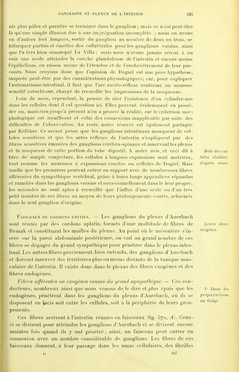 nir plus pâles et paraître se terminer dans le ganglion ; mais ce n'est peut-être là qu'une simple illusion due à une imprégnation incomplète ; nous en avons vu d'autres fort longues, sortir du ganglion au nombre de deux ou trois, se bifurquer parfois et émettre des collatérales pour les ganglions voisins, ainsi que l'a très bien remarqué La Villa ; mais nous n'avons jamais réussi à en voir une seule atteindre la couche glanduleuse de l'intestin et encore moins l'épithélium, en raison même de l'étendue et de l'enchevêtrement de leur par- cours. Nous croyons donc que l'opinion de Dogiel est une pure hypothèse, inspirée peut-être par des considérations physiologiques; car, pour expliquer l'automatisme intestinal, il faut que l'arc excito-réflexe renferme un neurone sensitif autochtone, chargé de recueillir les impressions de la muqueuse. Loin de nous, cependant, la pensée de nier l'existence d'un cylindre-axe dans les cellules dont il est question ici. Elles peuvent évidemment en possé- der un, mais rien jusqu'à présent n'en a prouvé la réalité, car le critérium mor- phologique esl insuffisant et celui des connexions inapplicable par suite des difficultés de l'observation. Au reste, notre réserve est également partagée par Kôlliker. Ce savant pense que les ganglions intestinaux manquent de cel- lules sensitives et que les actes réflexes de l'intestin s'expliquent par des fibres sensitives émanées des ganglions cérébro-spinaux et innervantles plexus et la muqueuse de cette portion du tube digestif. A notre avis, et ceci dit à titre de simple conjecture, les cellules à longues expansions sont motrices, tout comme les neurones à expansions courtes ou cellules de Dogiel. Mais tandis que les premières peuvent entrer en rapport avec de nombreuses fibres afférentes du sympathique vertébral, grâce à leurs longs appendices répandus et ramifiés dans les ganglions voisins et occasionnellement dans le leur propre, les secondes ne sont aptes à recueillir que l'influx d'une seule ou d'un très petit nombre de ces fibres au moyen de leurs prolongements courts, arborisés dans le seul ganglion d'origine. Rôle des cel- lules élo ilées, d'après nous. Faisceaux ou cordons unitifs. — Les ganglions du plexus d'Auerbach sont réunis par des cordons aplatis, formés d'une multitude de fibres de Remak et constituant les mailles du plexus. Au point où le mésentère s'in- sère sur la paroi abdominale postérieure, on voit un grand nombre de ces fibres se dégager du grand sympathique pour pénétrer dans Je plexus intes- tinal. Les autres fibres proviennent, bien entendu, des ganglions d'Auerbach et doivent innerver des territoires plus ou moins distants de la tunique mus- culaire de l'intestin. Il existe donc dans le plexus des fibres exogènes et des fibres endogènes. Fibres afférentes on exogènes venues du grand sympathique. — Ces con- ducteurs, nombreux ainsi que nous venons de le dire et plus épais que les endogènes, pénètrent dans les ganglions du plexus d'Auerbach, où ils se disposent en lacis soit entre les cellules, soit à la périphérie de leurs grou- pements. Ces fibres arrivent à l'intestin réunies en faisceaux (fig. 570, A). Ceux- ci se divisent pour atteindre les ganglions d'Auerbach et se divisent encore maintes fois quand ils y ont pénétré ; ainsi, un faisceau peut entrer en connexion avec un nombre considérable de ganglions. Les fibres de ces faisceaux donnent, à leur passage dans les amas cellulaires, des fibrilles 11 107 Leurs deux origines. 1 Dans les préparations au Golgi.