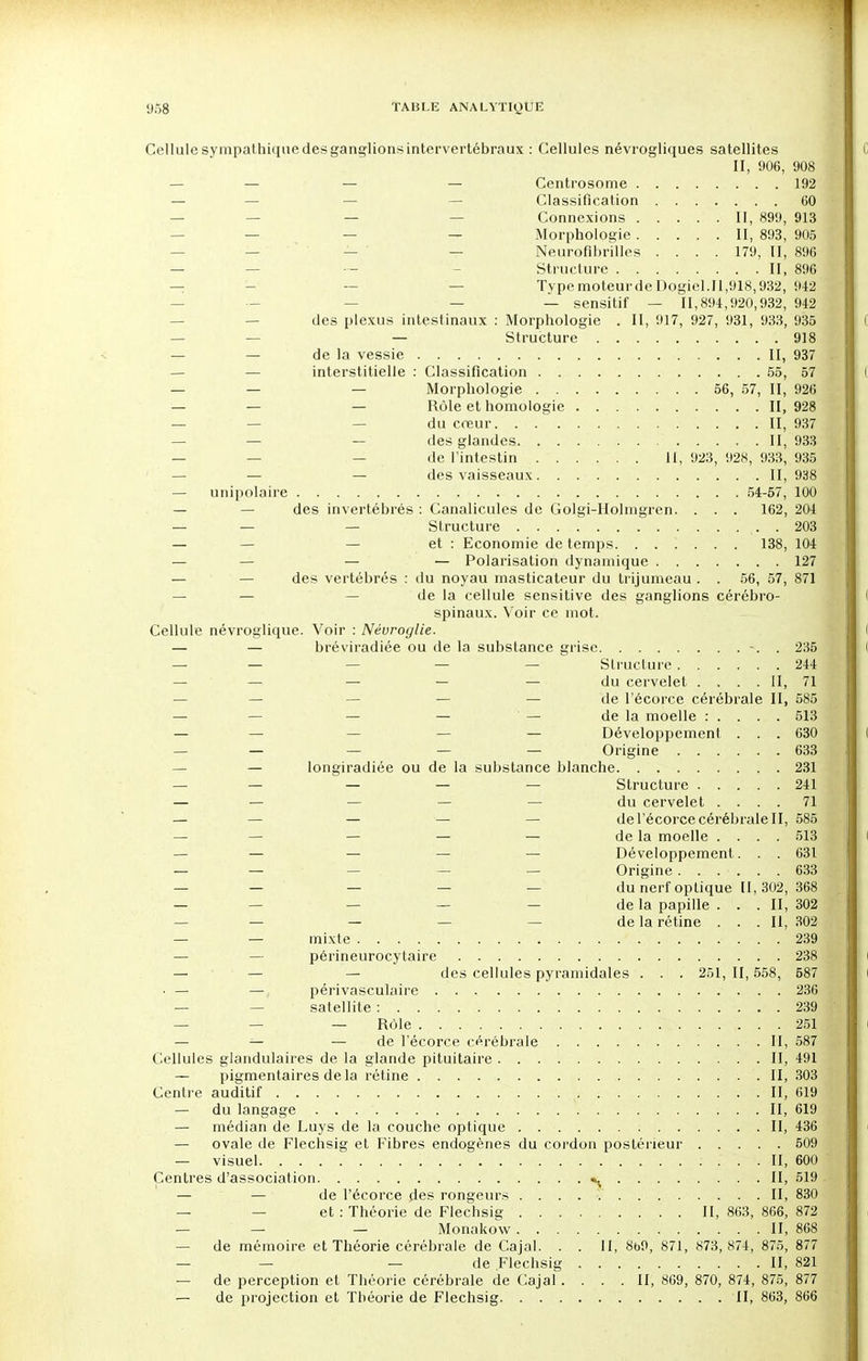 Cellule sympathique des ganglions intervertébraux : Cellules névrogliques satellites II, 906, 908 — — — — Centrosome 192 — Classification 60 — Connexions II, 899, 913 — Morphologie II, 893, 905 — Neurofibrilles .... 179, II, 896 — — Structure II, 896 TypemoteurdeDogiel.il,918,932, 942 — sensitif — 11,894,920,932, 942 des plexus intestinaux : Morphologie . II, 917, 927, 931, 933, 935 — — — Structure 918 — — de la vessie II, 937 — interstitielle : Classification 55, 57 — — — Morphologie 56, 57, II, 926 — — — Rôle et homologie II, 928 — — — du cœur II, 937 — — — des glandes . II, 933 — de l'intestin II, 923, 928, 933, 935 — — — des vaisseaux II, 938 — unipolaire 54-57, 100 — des invertébrés : Canalicules de Golgi-Holingren. . . . 162, 204 — — — Structure ,. . 203 — — — et : Economie de temps 138, 104 — — — — Polarisation dynamique 127 — des vertébrés : du noyau masticateur du trijumeau . . 56, 57, 871 — — de la cellule sensitive des ganglions cérébro- spinaux. Voir ce mot. Cellule névroglique. Voir : Névroglie. — — bréviradiée ou de la substance grise -. . 235 — — — — — Structure 244 — — — — — du cervelet .... II, 71 — — — de l'écorce cérébrale II, 585 — — — — — de la moelle : .... 513 — — — Développement . . . 630 — — — — — Origine 633 — longiradiée ou de la substance blanche 231 — — — — — Structure 241 — — — — — du cervelet .... 71 — — — — — de l'écorce cérébrale II, 585 — — — — — de la moelle .... 513 — — — — — Développement. . . 631 — — — — Origine...... 633 — — — — — du nerf optique II, 302, 368 — — — de la papille . . .II, 302 — — de la rétine ... Il, 302 — — mixte 239 — — périneurocytaire 238 — — — des cellules pyramidales . . . 251, II, 558, 587 ■ — —, périvasculaire 236 — — satellite : 239: T'ç&$- — — Rôle. . 2JM — — — de l'écorce cérébrale II, 587 Cellules glandulaires de la glande pituitaire II, 491 — pigmentaires de la rétine II, 303 Centre auditif II, 619 — du langage ; II, 619 — médian de Luys de la couche optique II, 436 — ovale de Flechsig et Fibres endogènes du cordon postérieur 509 — visuel. II, 600| Centres d'association «; II, 519 — — de l'écorce des rongeurs II, 830 — et : Théorie de Flechsig II, 863, 866, 872 — — — Monakow II, 868 — de mémoire et Théorie cérébrale de Cajal. . . II, 8b9, 871, 873, 874, 875, 877 — — — de Flechsig II, 821 — de perception et Théorie cérébrale de Cajal .... II, 809, 870, 874, 875, 877 — de projection et Théorie de Flechsig II, 863, 866