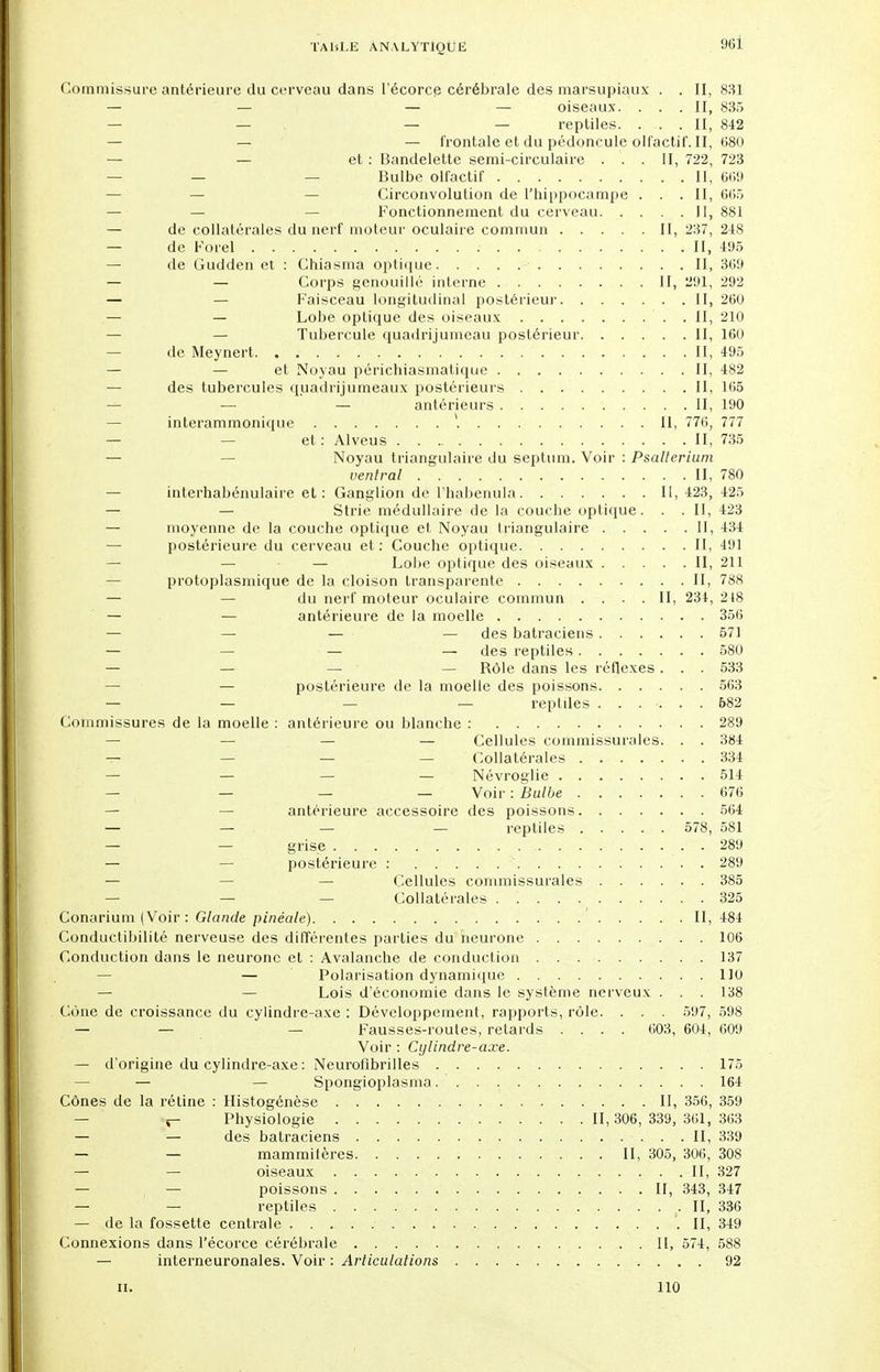 Commissure antérieure du cerveau dans l'écorce cérébrale des marsupiaux . . II, 831 — — — — oiseaux. ... II, 835 — — — — repliles. ... II, 842 — — — frontale et du pédoncule olfactif. II, 680 — — et : Bandelette semi-circulaire . . . II, 722, 723 — Bulbe olfactif II, 669 — Circonvolution de l'hippocampe . . .II, 665 — — Fonctionnement du cerveau II, 881 — de collatérales du nerf moteur oculaire commun II, 237, 248 de Forel II, 495 — de Gudden et : Chiasma optique II, 369 — — Corps genouillé interne II, 291, 292 — — Faisceau longitudinal postérieur II, 260 — — Lobe optique des oiseaux . . II, 210 — — Tubercule quadrijumeau postérieur II, 160 — de Meynert II, 495 — — et Noyau périchiasmatique II, 482 — des tubercules quadrijumeaux postérieurs II, 165 — — — antérieurs II, 190 — interammonique II, 776, 777 — — et : Alveus II, 735 — Noyau triangulaire du septum. Voir : Psalterium ventral II, 780 — interhabénulaire et: Ganglion de l'habenula Il, 423, 425 — — Strie médullaire de la couche optique. . . II, 423 — moyenne de la couche optique et Noyau triangulaire II, 434 postérieure du cerveau et: Couche optique II, 491 — — — Lobe optique des oiseaux II, 211 protoplasmique de la cloison transparente II, 788 — — du nerf moteur oculaire commun .... II, 234, 218 — — antérieure de la moelle 356 — — — — des batraciens 571 — — — — des reptiles 580 — — — — Rôle dans les réflexes . . . 533 — — postérieure de la moelle des poissons 563 — — — — reptiles 682 Commissures de la moelle : antérieure ou blanche : 289 — — — Cellules coiamissurales. . . 384 — — — — Collatérales 334 — — — — Névroglie 514 — — — — Voir : Bulbe 676 — — antérieure accessoire des poissons 564 — — — — reptiles 578, 581 — grise 289 — — postérieure : ' 289 — — — Cellules commissurales 385 — — — Collatérales . : . . 325 Conarium (Voir : Glande pinéale) ' II, 484 Conductibilité nerveuse des différentes parties du neurone 106 Conduction dans le neurone et : Avalanche de conduction 137 — Polarisation dynamique 110 — — Lois d'économie dans le système nerveux . . . 138 Cône de croissance du cylindre-axe : Développement, rapports, rôle. . . . 597, 598 — — — Fausses-routes, retards .... 603, 604, 609 Voir : Cylindre-axe. — d'origine du cylindre-axe : Neurofibrilles 175 — — — Spongioplasma 164 Cônes de la rétine : Histogénèse II, 356, 359 — — Physiologie II, 306, 339, 361, 363 — — des batraciens . II, 339 — — mammitères II, 305, 306, 308 — — oiseaux II, 327 — — poissons II, 343, 347 — — reptiles II, 336 — de la fossette centrale II, 349 Connexions dans l'écorce cérébrale II, 574, 588 — interneuronales. Voir : Articulations 92 il. 110