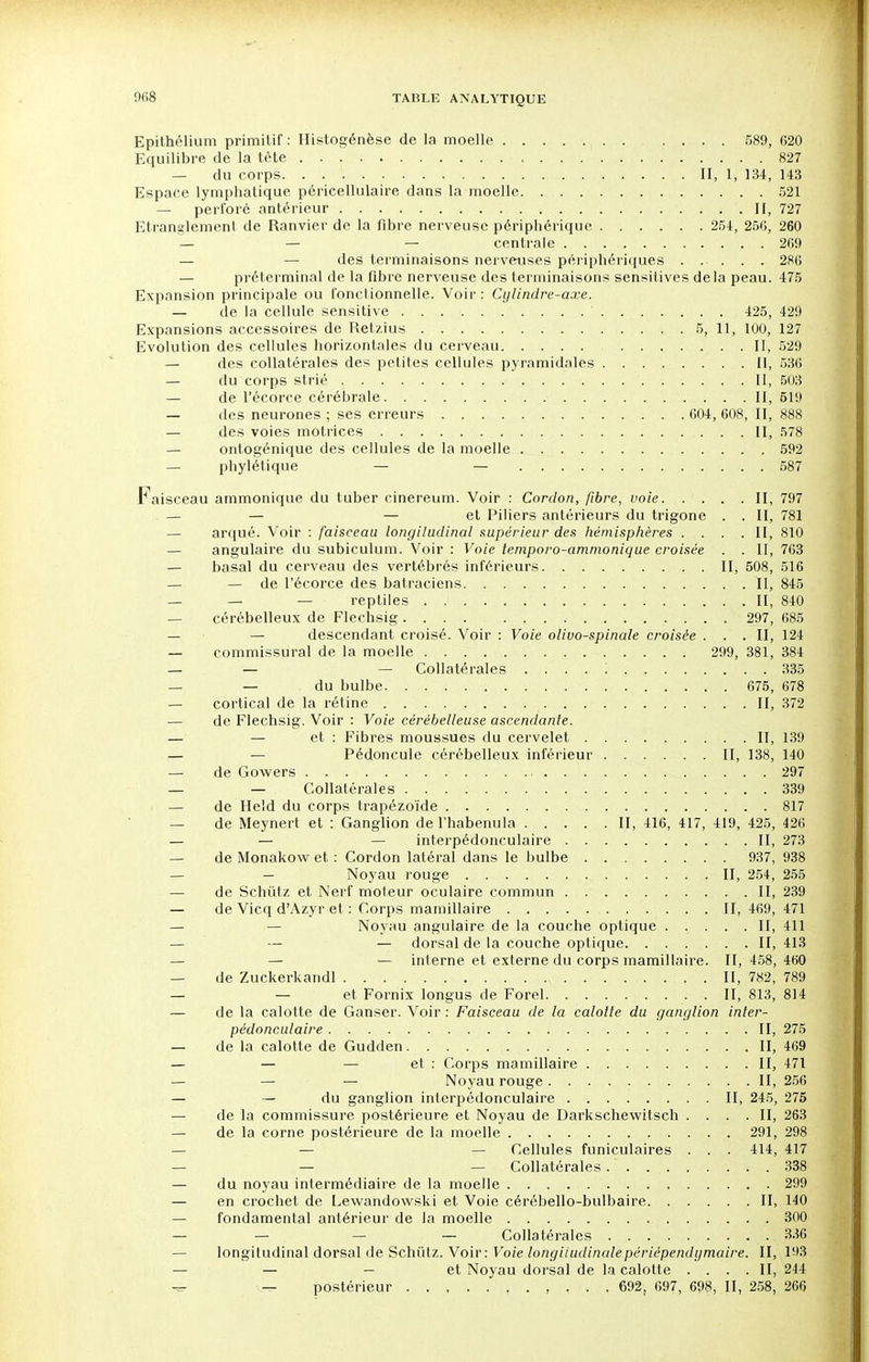 Epithélium primitif : Histogénèse de la moelle 589, 620 Equilibre de la tête 827 — du corps II, 1, 134, 143 Espace lymphatique péricellulaire dans la moelle 521 — perforé antérieur II, 727 Etranglement de Ranvier de la fibre nerveuse périphérique 254, 256, 260 — — — centrale 269 — — des terminaisons nerveuses périphériques 286 — préterminal de la fibre nerveuse des terminaisons sensifives delà peau. 475 Expansion principale ou fonctionnelle. Voir: Cylindre-axe. — de la cellule sensitive 425, 429 Expansions accessoires de Retzius 5, 11, 100, 127 Evolution des cellules horizontales du cerveau II, 529 — des collatérales des petites cellules pyramidales Il, 536 — du corps strié ' II, 503 — de l'écorce cérébrale II, 519 — des neurones ; ses erreurs 604, 608, II, 888 — des voies motrices II, 578 — ontogénique des cellules de la moelle 592 — phylétique — — 587 Faisceau ammonique du tuber cinereum. Voir : Cordon, fibre, voie II, 797 — — — et Piliers antérieurs du trigone . . II, 781 — arqué. Voir : faisceau longitudinal supérieur des hémisphères .... II, 810 — angulaire du subiculum. Voir : Voie temporo-ammonique croisée . . II, 763 — basai du cerveau des vertébrés inférieurs II, 508, 516 — — de l'écorce des batraciens Il, 845 — — — reptiles . . II, 840 — cérébelleux de Flechsig.... 297, 685 — — descendant croisé. Voir : Voie olivo-spinale croisée . . .II, 124 — commissural de la moelle 299, 381, 384 — — — Collatérales 335 — — du bulbe 675, 678 — cortical de la rétine II, 372 — de Flechsig. Voir : Voie cérébelleuse ascendante. — — et : Fibres moussues du cervelet II, 139 — — Pédoncule cérébelleux inférieur II, 138, 140 — de Gowers 297 — — Collatérales 339 — de Held du corps trapézoïde 817 — de Meynert et : Ganglion de l'habenula II, 416, 417, 419, 425, 426 — — — interpédonculaire II, 273 — de Monakow et : Cordon latéral dans le bulbe 937, 938 — — Noyau rouge II, 254, 255 — de Schûtz et Nerf moteur oculaire commun II, 239 — de Vicq d'Azyr et : Corps mamillaire II, 469, 471 — Noyau angulaire de la couche optique ..... II, 411 — — — dorsal de la couche optique II, 413 — — — interne et externe du corps mamillaire. II, 458, 460 — de Zuckerkandl II, 782, 789 — — et Fornix longus de Forel II, 813, 814 — de la calotte de Ganser. Voir : Faisceau de la calolte du ganglion inter- pédonculaire II, 275 — de la calotte de Gudden II, 469 — — — et : Corps mamillaire II, 471 — — — Noyau rouge . . II, 256 — — du ganglion interpédonculaire II, 245, 275 — de la commissure postérieure et Noyau de Darkschewitsch . . . .II, 263 — de la corne postérieure de la moelle 291, 298 — — — Cellules funiculaires . . . 414, 417 — — — Collatérales. ' 338 — du noyau intermédiaire de la moelle 299 — en crochet de Lewandowski et Voie cérébello-bulbaire II, 140 — fondamental antérieur de la moelle 300 — — — — Collatérales 336 — longitudinal dorsal de Schûtz. Voir: Voie longiiudinalepériépendgmaire. II, 193 — — — et Noyau dorsal de la calotte .... II, 244 — postérieur , 692, 697, 698, II, 258, 266