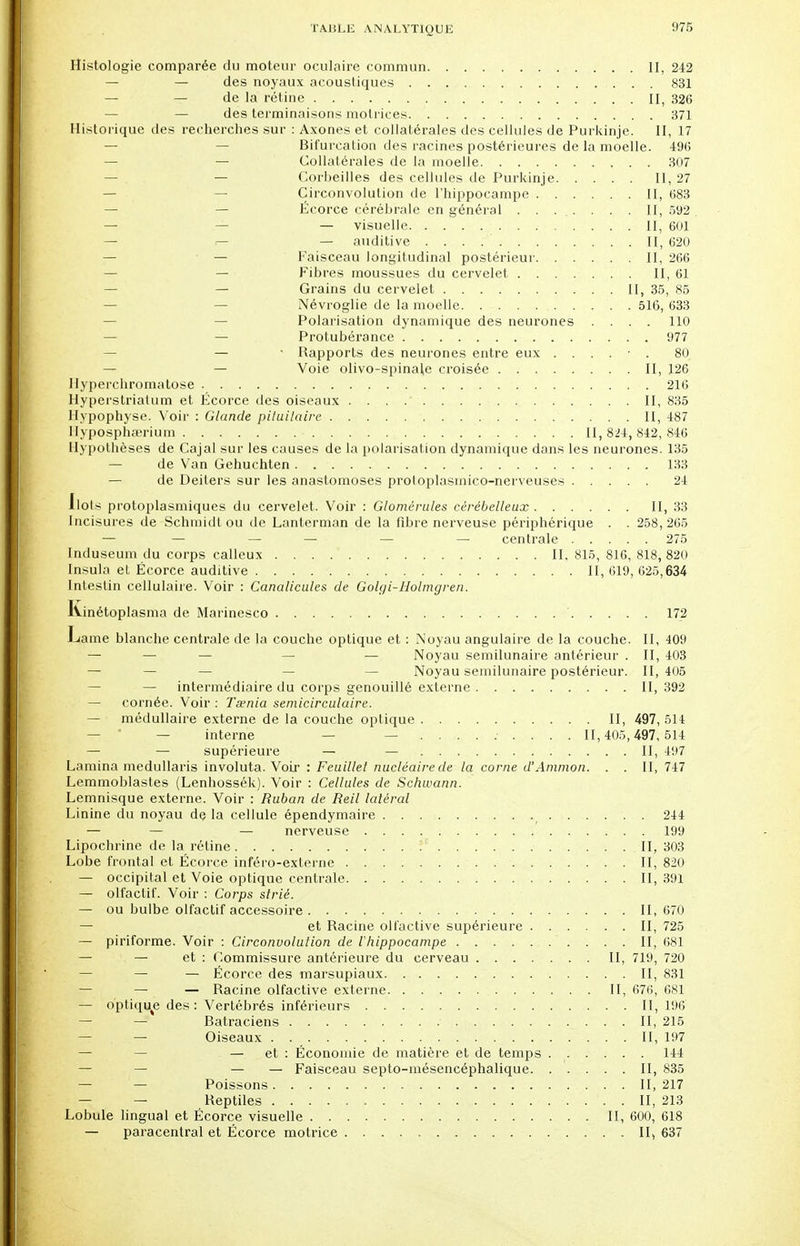 Histologie comparée du moteur oculaire commun II, 242 — — des noyaux acoustiques 831 — — de la rétine II, 326 — — des terminaisons motrices 371 Historique des recherches sur : Axones et collatérales des cellules de Purkinje. II, 17 — Bifurcation des racines postérieures de la moelle. 496 — — Collatérales de la moelle 307 — Corbeilles des cellules de Purkinje II, 27 — Circonvolution de l'hippocampe II, 683 — — Écorce cérébrale en général ........ II, 592 — — — visuelle II, 601 - auditive . . . 11,620 — — Faisceau longitudinal postérieur II, 266 — Fibres moussues du cervelet II, 61 — — Grains du cervelet II, 35, 85 Névroglie de la moelle 516, 633 Polarisation dynamique des neurones .... 110 — — Protubérance 977 — • Rapports des neurones entre eux ...... 80 — Voie olivo-spinale croisée II, 126 Hyperchromatose 216 Hyperstriatum et Écorce des oiseaux II, 835 Hypophyse. Voir : Glande pituilaire II, 487 Ilyposphaerium II, 824, 842, 846 Hypothèses de Cajal sur les causes de la polarisation dynamique dans les neurones. 135 — de Van Gehuchten. 133 de Deiters sur les anastomoses protoplasinico-nerveuses 24 Ilol s protoplasmiques du cervelet. Voir : Glomérules cérébelleux II, 33 Incisures de Schmidtou de Lanterman de la fibre nerveuse périphérique . . 258,265 — — — — — — centrale 275 Induseum du corps calleux II, 815, 816, 818,820 Insula et Écorce auditive II, 619, 625,634 Intestin cellulaire. Voir : Canalicules de Golgi-Holmgren. Kinétoplasma de Marinesco ' 172 Lame blanche centrale de la couche optique et : Noyau angulaire de la couche. II, 409 — — — — Noyau semilunaire antérieur . II, 403 — — — Noyau semilunaire postérieur. II, 405 — intermédiaire du corps genouillé externe II, 392 — cornée. Voir : Tœnia semicirculaire. — médullaire externe de la couche optique II, 497, 514 — interne — ......... 11,405,497,514 — — supérieure — — II, 497 Lamina medullaris involuta. Voir : Feuillet nucléaire de la corne d'Ammon. . . II, 747 Lemmoblastes (Lenhossék). Voir : Cellules de Schwann. Lemnisque externe. Voir : Ruban de Reil latéral Linine du noyau de la cellule épendymaire 244 — — — nerveuse .... : 199 Lipochrine de la rétine ! II, 303 Lobe frontal et Écorce inféro-externe II, 820 — occipital et Voie optique centrale II, 391 — olfactif. Voir : Corps strié. — ou bulbe olfactif accessoire II, 670 — et Racine olfactive supérieure II, 725 — piriforme. Voir : Circonvolution de l'hippocampe . . . . II, 681 — — et : Commissure antérieure du cerveau II, 719, 720 — — Écorce des marsupiaux II, 831 — — — Racine olfactive externe II, 676, 681 — optique des: Vertébrés inférieurs Il, 196 — — Batraciens II, 215 — Oiseaux II, 197 — — et : Économie de matière et de temps 144 — — — — Faisceau septo-mésencéphalique. ..... II, 835 — '— Poissons II, 217 — Reptiles II, 213 Lobule lingual et Écorce visuelle II, 600, 618 — paracentral et Écorce motrice .11, 637