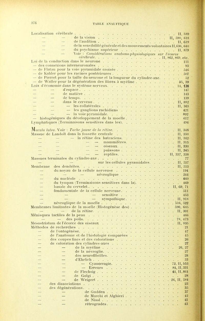 076 Localisation cérébrale ; n, 589 — — de la vision II, 590, 618 — — de l'audition n 619 de la sensibilité générale et des mouvements volontaires 11,636, 640 du psychisme supérieur II, 879 Voir : Considérations anatomo-phi/siologinues sur Vècorce cérébrale II, 862, 869, etc. Loi de la conduction dans le neurone 111 — des connexions interneuronales 93 — de Flatau pour la voie pyramidale croisée : . 546 — de Kahler pour les racines postérieures 507 — de Pierret pour la taille du neurone et la longueur du cylindre-axe 52 — de Waller pour la dégénération des fibres à myéline 35, 39 Lois d'économie dans le système nçrveux 14, 138 — d'espace , 147 — — de matière 145 — — de temps 139 — — dans le cerveau II, 882 — — — les collatérales II, 163 — les ganglions rachidiens 421 — — — la voie pyramidale 892 — histogéniques du développement de la moelle ■ . . 617 Lymphatiques (Terminaisons sensitives dans les) 494 Mocu/a luiea. Voir : Tache jaune de la réline II, 348 Massue de Landolt dans la fossette centrale II, 350 — — — la rétine des batraciens II, 342 — — — — mammifères II, 315 — — — — oiseaux II, 330 — — — — poissons II, 345 — — — — reptiles. II, 337, 338 Massues terminales du cylindre-axe 77 — — sur les cellules pyramidales 11,557 Membrane des denclrites II, 553 — du noyau de la cellule nerveuse 194 — — — névroglique 244 — du nucléole 460 du tympan (Terminaisons sensitives dans la) 469 — basale du cervelet II, 69, 71 fondamentale de la cellule nerveuse . 511 — — — sensitive 453 — — — sympathique II, 918 — névroglique de la moelle 516, 522 Membranes limitantes de la moelle (Histogénèse des) 590, 605 — — de la rétine II, 301 Ménisques tactiles de la peau 466 — — des poils 78, 473 Mesostriatum de l'écorce des oiseaux II, 835 Méthodes de recherches 21 — de l'ontogénèse 47 de l'anatomie et de l'histologie comparées 45 — des coupes fines et des colorations . . . , 26 — de coloration des cylindres-axes 27 — — de la myéline . 26, 27 — — de la névroglie., 27 — — des neurofibrilles 28 — — d'Ehrlich M — — — Cyanorragie 72,11,553 — — — Erreurs 84,11,331 — — de Flechsig 44,11,864 — — de Golgi \ m — — de Weigert 26, II, 584 — des dissociations . . 23 — des dégénérations 35 — — de Gudden 37 — — de Marchi et Alghieiï 42 —- . v — de Nissl 4E — — rétrogrades 43