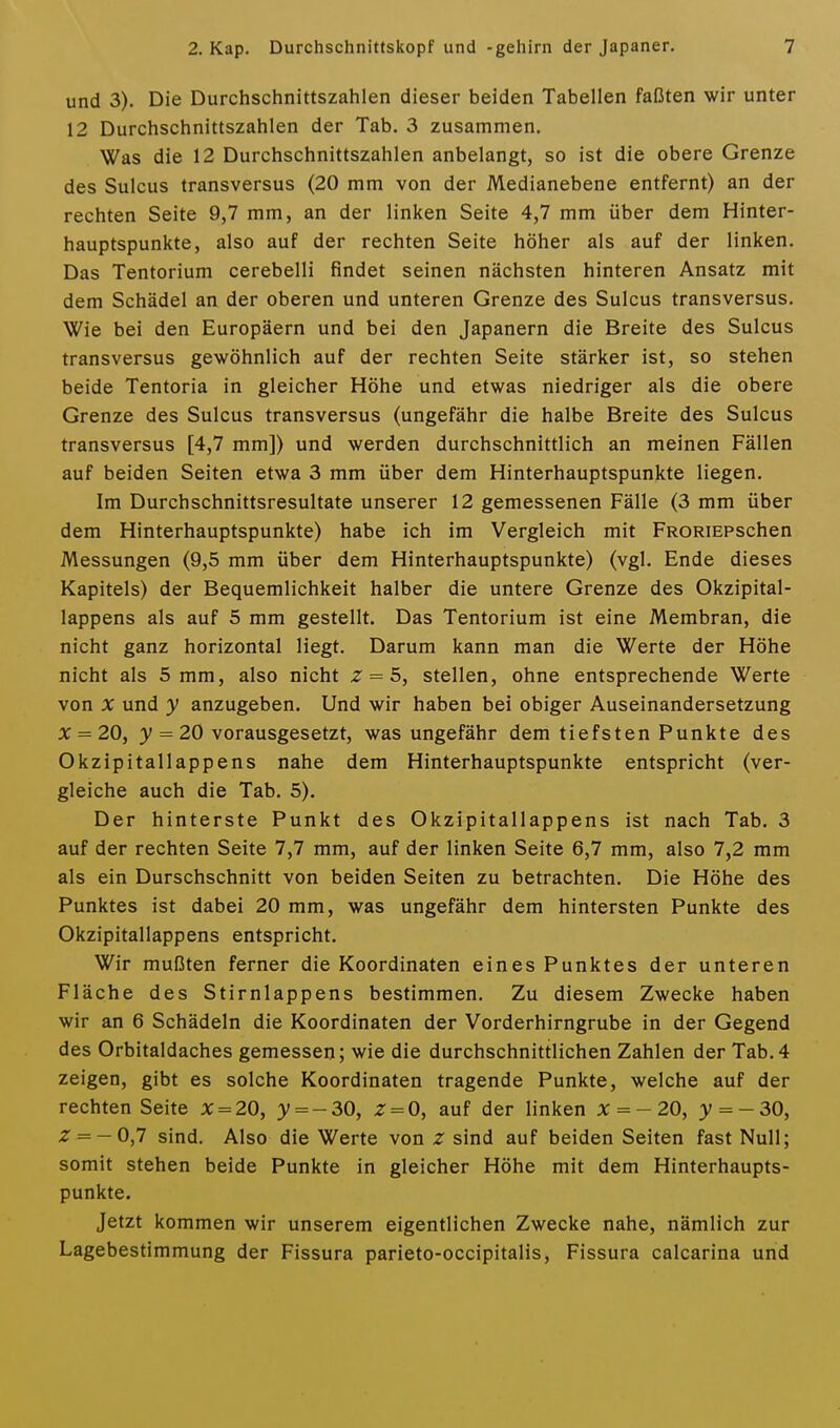 und 3). Die Durchschnittszahlen dieser beiden Tabellen faßten wir unter 12 Durchschnittszahlen der Tab. 3 zusammen. Was die 12 Durchschnittszahlen anbelangt, so ist die obere Grenze des Sulcus transversus (20 mm von der Medianebene entfernt) an der rechten Seite 9,7 mm, an der linken Seite 4,7 mm über dem Hinter- hauptspunkte, also auf der rechten Seite höher als auf der linken. Das Tentorium cerebelli findet seinen nächsten hinteren Ansatz mit dem Schädel an der oberen und unteren Grenze des Sulcus transversus. Wie bei den Europäern und bei den Japanern die Breite des Sulcus transversus gewöhnlich auf der rechten Seite stärker ist, so stehen beide Tentoria in gleicher Höhe und etwas niedriger als die obere Grenze des Sulcus transversus (ungefähr die halbe Breite des Sulcus transversus [4,7 mm]) und werden durchschnittlich an meinen Fällen auf beiden Seiten etwa 3 mm über dem Hinterhauptspunkte liegen. Im Durchschnittsresultate unserer 12 gemessenen Fälle (3 mm über dem Hinterhauptspunkte) habe ich im Vergleich mit pRORiEPschen Messungen (9,5 mm über dem Hinterhauptspunkte) (vgl. Ende dieses Kapitels) der Bequemlichkeit halber die untere Grenze des Okzipital- lappens als auf 5 mm gestellt. Das Tentorium ist eine Membran, die nicht ganz horizontal liegt. Darum kann man die Werte der Höhe nicht als 5 mm, also nicht z = 5, stellen, ohne entsprechende Werte von X und y anzugeben. Und wir haben bei obiger Auseinandersetzung x = 20, }' = 20 vorausgesetzt, was ungefähr dem tiefsten Punkte des Okzipitallappens nahe dem Hinterhauptspunkte entspricht (ver- gleiche auch die Tab. 5). Der hinterste Punkt des Okzipitallappens ist nach Tab. 3 auf der rechten Seite 7,7 mm, auf der linken Seite 6,7 mm, also 7,2 mm als ein Durschschnitt von beiden Seiten zu betrachten. Die Höhe des Punktes ist dabei 20 mm, was ungefähr dem hintersten Punkte des Okzipitallappens entspricht. Wir mußten ferner die Koordinaten eines Punktes der unteren Fläche des Stirnlappens bestimmen. Zu diesem Zwecke haben wir an 6 Schädeln die Koordinaten der Vorderhirngrube in der Gegend des Orbitaldaches gemessen; wie die durchschnittlichen Zahlen der Tab.4 zeigen, gibt es solche Koordinaten tragende Punkte, welche auf der rechten Seite x=-20, y = -30, Z = 0, auf der linken x = -20, y = -30, ^ = -0,7 sind. Also die Werte von Z sind auf beiden Seiten fast Null; somit stehen beide Punkte in gleicher Höhe mit dem Hinterhaupts- punkte. Jetzt kommen wir unserem eigentlichen Zwecke nahe, nämlich zur Lagebestimmung der Fissura parieto-occipitalis, Fissura calcarina und