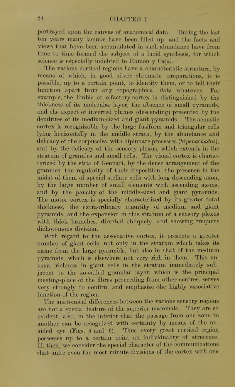 portrayed upon the canvas of anatomical data. During the last ten years many lacunae have been filled up, and the facts and views that have been accumulated in such abundance have from time to time formed the subject of a lucid synthesis, for which science is especially indebted to Ramon y Cajal. The various cortical regions have a characteristic structure, by means of which, in good silver chromate preparations, it is possible, up to a certain point, to identify them, or to tell their function apart from any topographical data whatever. For example, the limbic or olfactory cortex is distinguished by the thickness of its molecular layer, the absence of small pyramids, and the aspect of inverted plumes (descending) presented by the dendrites of its medium-sized and giant pyramids. The acoustic cortex is recognizable by the large fusiform and triangular cells lying horizontally in the middle strata, by the abundance and delicacy of the corpuscles, with bipinnate processes (bipenachados), and by the delicacy of the sensory plexus, which extends in the stratum of granules and small cells. The visual cortex is charac- terized by the stria of Gennari, by the dense arrangement of the granules, the regularity of their disposition, the presence in the midst of them of special stellate cells with long descending axon, by the large number of small elements with ascending axons, and by the paucity of the middle-sized and giant pyramids. The motor cortex is specially characterized by its greater total thickness, the extraordinary quantity of medium and giant pyramids, and the expansion in this stratum of a sensory plexus with thick branches, directed obliquely, and showing frequent dichotomous division. With regard to the associative cortex, it presents a greater number of giant cells, not only in the stratum which takes its name from the large pyramids, but also in that of the medium pyramids, which is elsewhere not very rich in them. This un- usual richness in giant cells in the stratum immediately sub- jacent to the so-called granular layer, which is the principal meeting-place of the fibres proceeding from other centres, serves very strongly to confirm and emphasize the highly associative function of the region. The anatomical differences between the various sensory regions are not a special feature of the superior mammals. They are so evident, also, in the inferior that the passage from one zone to another can be recognized with certainty by means of the un- aided eye (Figs. 6 and 6). Thus every great cortical region possesses up to a certain point an individuality of structure. If, then, we consider the special character of the communications that unite even the most minute divisions of the cortex with one