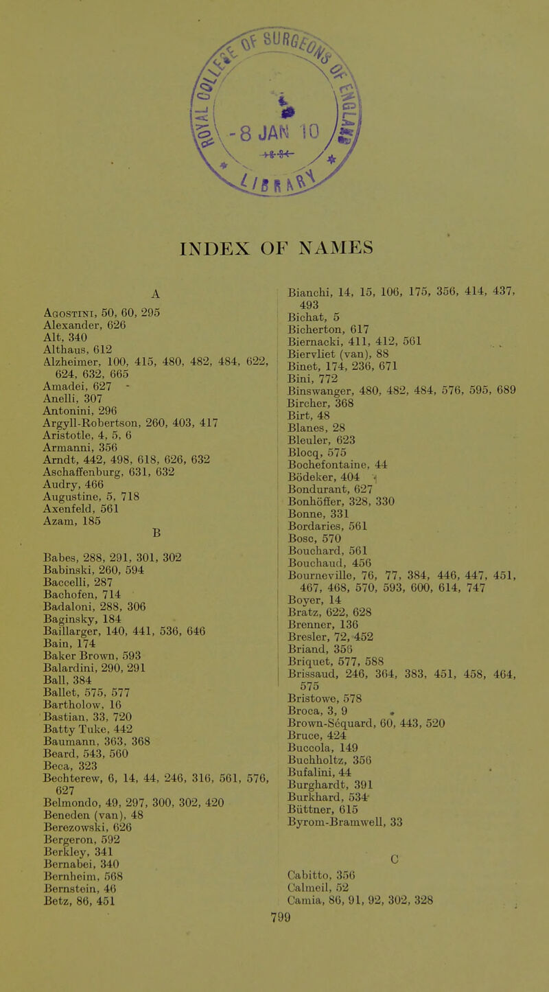 INDEX OF NAMES A Agostini, 50, 60, 295 Alexander, 626 Alt, 340 Althaus, 612 Alzheimer, 100, 415, 480, 482, 484, 622, 624, 632, 665 Amaclei, 627 - Anelli, 307 Antonini, 296 Argyll-Robertson, 260, 403, 417 Aristotle, 4, 5, 6 Armanni, 356 Arndt, 442, 498, 618, 626, 632 AschafEenburg, 631, 632 Audry, 466 Augustine, 5, 718 Axenfeld, 561 Azam, 185 B Babes, 288, 291, 301, 302 Babinski, 260, 594 Baccelli, 287 Bachofen, 714 Badaloni, 288, 306 Baginsky, 184 Baillarger, 140, 441, 536, 646 Bain, 174 Baker Brown, 593 Balardini, 290, 291 Ball, 384 Ballet, 575, 577 Bartholow, 16 Bastian, 33, 720 Batty Take, 442 Bauraann, 363, 368 Beard, 543, 560 Beca, 323 Bechterew, 6, 14, 44, 246, 316, 561, 576 627 Belmondo, 49, 297, 300, 302, 420 Beneden (van), 48 Berezowski, 626 Bergeron, 592 Berkley, 341 Bernabei, 340 Bcrnheim, 568 Bernstein, 46 Betz, 86, 451 Bianchi, 14, 15, 106, 175, 356, 414, 437, 493 Bicliat, 5 Bicherton, 617 Biernacki, 411, 412, 561 Biervliet (van), 88 Binet, 174, 236, 671 Bini, 772 Binswanger, 480, 482, 484, 576, 595, 689 Bircher, 368 Birt, 48 Blanes, 28 Bleuler, 623 Blocq, 575 Booliefontaine, 44 I Bodeker, 404 •] I Bondurant, 627 BonhofEer, 328, 330 Bonne, 331 Bordaries, 561 Bosc, 570 Bouchard, 561 Bouchaud, 456 Bourneville, 76, 77, 384, 446, 447, 451, 467, 468, 570, 593, 600, 614, 747 Boyer, 14 Bratz, 622, 628 Brenner, 136 Bresler, 72, 452 Briand, 356 Briquet, 577, 588 Brissaud, 246, 304, 383, 451, 458, 464, 575 Bristowe, 578 Broca, 3, 9 . Brown-Sequard, 60, 443, 520 Bruce, 424 Buccola, 149 Buchholtz, 356 Bufalini, 44 Burghardt, 391 Burkhard, 534' Biittner, 615 Byrom-Bramwell, 33 C Cabitto, 356 Calmeil, 52 Camia, 86, 91, 92, 302, 328