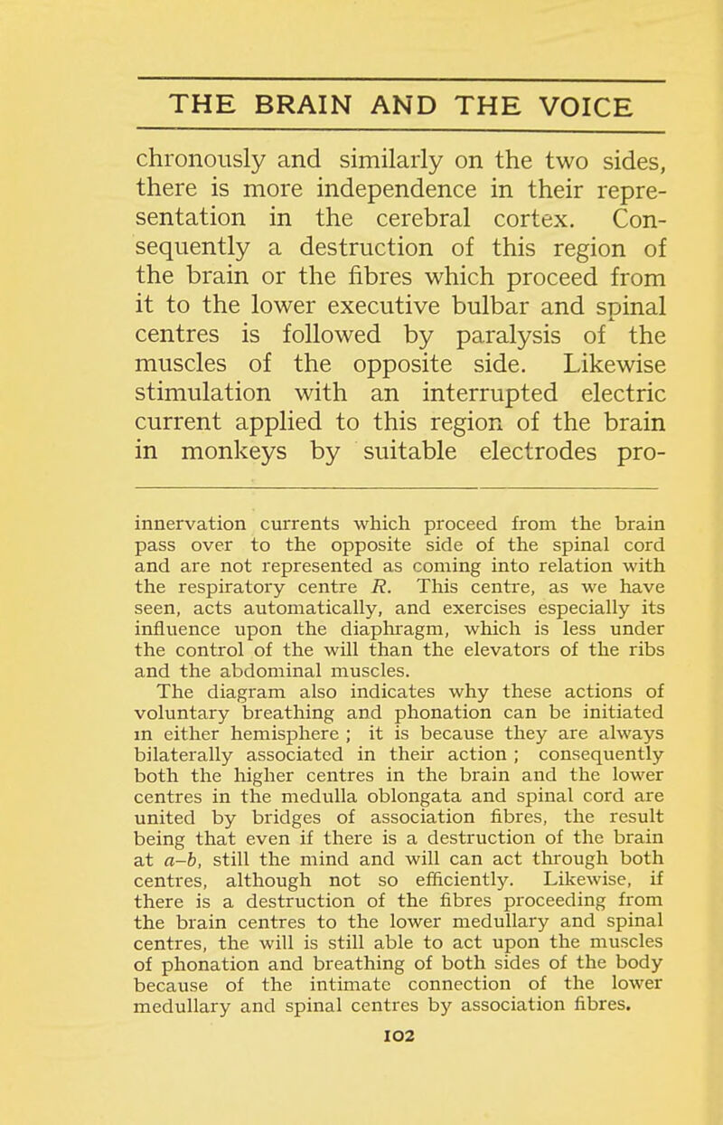 chronously and similarly on the two sides, there is more independence in their repre- sentation in the cerebral cortex. Con- sequently a destruction of this region of the brain or the fibres which proceed from it to the lower executive bulbar and spinal centres is followed by paralysis of the muscles of the opposite side. Likewise stimulation with an interrupted electric current applied to this region of the brain in monkeys by suitable electrodes pro- innervation currents which proceed from the brain pass over to the opposite side of the spinal cord and are not represented as coming into relation with the respiratory centre R. This centre, as we have seen, acts automatically, and exercises especially its influence upon the diaphragm, which is less under the control of the will than the elevators of the ribs and the abdominal muscles. The diagram also indicates why these actions of voluntary breathing and phonation can be initiated m either hemisphere ; it is because they are always bilaterally associated in their action ; consequently both the higher centres in the brain and the lower centres in the medulla oblongata and spinal cord are united by bridges of association fibres, the result being that even if there is a destruction of the brain at a-b, still the mind and will can act through both centres, although not so efficiently. Likewise, if there is a destruction of the fibres proceeding from the brain centres to the lower medullary and spinal centres, the will is still able to act upon the muscles of phonation and breathing of both sides of the body because of the intimate connection of the lower medullary and spinal centres by association fibres. I02