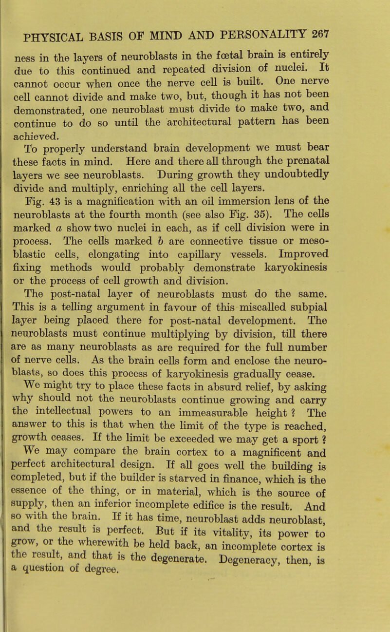 ness in the layers of neuroblasts in the foetal brain is entirely due to this continued and repeated division of nuclei. It cannot occur when once the nerve cell is built. One nerve cell cannot divide and make two, but, though it has not been demonstrated, one neuroblast must divide to make two, and continue to do so until the architectural pattern has been achieved. To properly understand brain development we must bear these facts in mind. Here and there all through the prenatal layers we see neuroblasts. During growth they undoubtedly divide and multiply, enriching aU the cell layers. Fig. 43 is a magnification with an oil immersion lens of the neuroblasts at the fourth month (see also Fig. 36). The ceUs marked a show two nuclei in each, as if cell division were in process. The cells marked h are connective tissue or meso- blastic cells, elongating into capillary vessels. Improved fi:xing methods would probably demonstrate karyokinesis or the process of ceU growth and division. The post-natal layer of neuroblasts must do the same. This is a telling argument in favour of this miscalled subpial layer being placed there for post-natal development. The neuroblasts must continue multiplying by division, till there are as many neuroblasts as are required for the full number of nerve cells. As the brain cells form and enclose the neuro- blasts, so does this process of karyokinesis gradually cease. We might try to place these facts in absurd reHef, by asking why should not the neuroblasts continue growing and carry the intellectual powers to an immeasurable height ? The answer to this is that when the limit of the tjrpe is reached, growth ceases. If the limit be exceeded we may get a sport ? We may compare the brain cortex to a magnificent and perfect architectural design. If aU goes well the building is completed, but if the builder is starved in finance, which is the essence of the thing, or in material, which is the source of supply, then an inferior incomplete edifice is the result. And so with the brain. If it has time, neuroblast adds neuroblast, and the result is perfect. But if its vitaUty, its power to grow, or the wherewith be held back, an incomplete cortex is the result, and that is the degenerate. Degeneracy, then, is a question of degree.