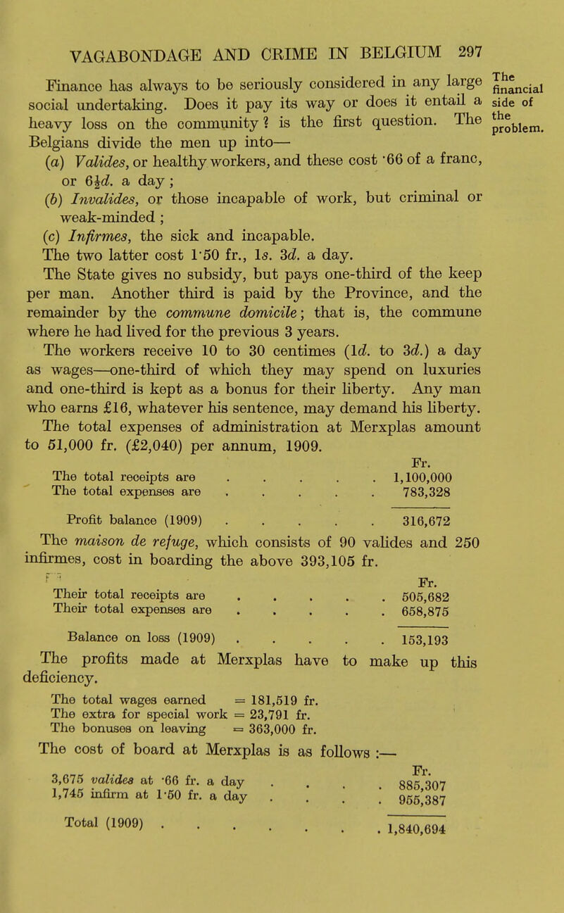 Finance has always to be seriously considered in any large J^J^^j^j social undertaking. Does it pay its way or does it entail a side of heavy loss on the community? is the first question. The ^^^^j^^^ Belgians divide the men up into— (a) Valides, or healthy workers, and these cost 66 of a franc, or G^d. a day ; (b) Invalides, or those incapable of work, but criminal or weak-minded ; (c) Infirmes, the sick and incapable. The two latter cost 1*50 fr., Is. 3d. a day. The State gives no subsidy, but pays one-third of the keep per man. Another third is paid by the Province, and the remainder by the commune domicile; that is, the commune where he had lived for the previous 3 years. The workers receive 10 to 30 centimes {Id. to 3d.) a day as wages—one-third of which they may spend on luxuries and one-third is kept as a bonus for their liberty. Any man who earns £16, whatever his sentence, may demand his liberty. The total expenses of administration at Merxplas amount to 51,000 fr. (£2,040) per annum, 1909. Fr. The total receipts are 1,100,000 The total expenses are ..... 783,328 Profit balance (1909) 316,672 The maison de refuge, which consists of 90 vahdes and 250 infirmes, cost in boarding the above 393,105 fr. ^ ' Fr. Their total receipts are 606,682 Their total expenses are 668,875 Balance on loss (1909) 163,193 The profits made at Merxplas have to make up this deficiency. The total wages earned = 181,519 fr. The extra for special work = 23,791 fr. The bonuses on leaving = 363,000 fr. The cost of board at Merxplas is as follows : Fr. 3,675 validea at -66 fr. a day • . . . 885 307 1,745 infirm at 1-50 fr. a day .... 955*387 Total (1909) 1,840.694