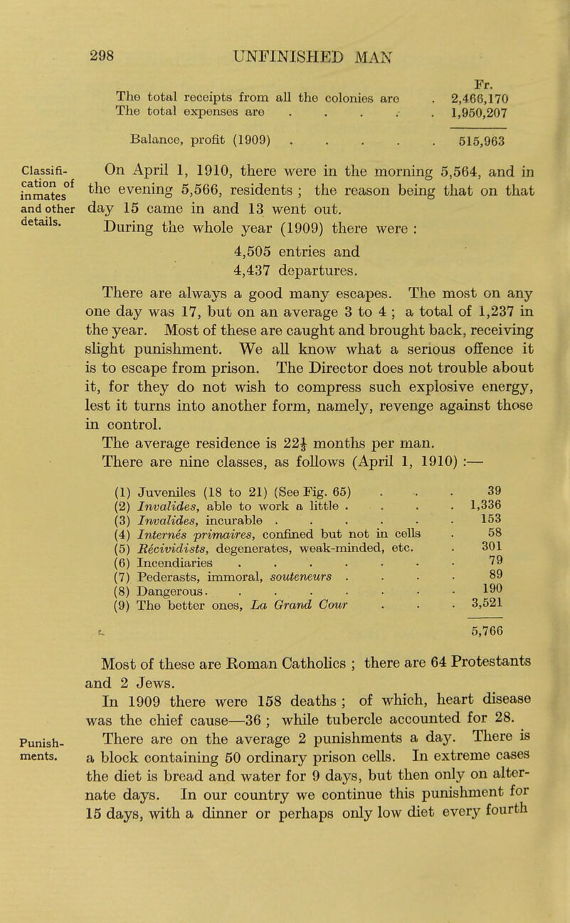 Classifi- cation of inmates and other details. Punish- ments. The total receipts from all the colonies are The total expenses are . . . .■ Balance, profit (1909) .... Fr. 2,466,170 1,950,207 515,963 On April 1, 1910, there were in the morning 5,564, and in the evening 5,566, residents ; the reason being that on that day 15 came in and 13 went out. During the whole year (1909) there were : 4,505 entries and 4,437 departures. There are always a good many escapes. The most on any one day was 17, but on an average 3 to 4 ; a total of 1,237 in the year. Most of these are caught and brought back, receiving slight punishment. We all know what a serious offence it is to escape from prison. The Director does not trouble about it, for they do not wish to compress such explosive energy, lest it turns into another form, namely, revenge against those in control. The average residence is 22J months per man. There are nine classes, as follows (April 1, 1910) :— (1) Juveniles (18 to 21) (See Fig. 65) (2) Invalides, able to work a little . (3) Invalides, incurable ..... (4) Internes primaires, confined but not in cells (5) Recividists, degenerates, weak-minded, etc. (6) Incendiaries ...... (7) Pederasts, immoral, souteneurs . (8) Dangerous. ...... (9) The better ones, La Grand Cour 39 1,336 153 58 301 79 89 190 3,521 5,766 Most of these are Roman CathoHcs ; there are 64 Protestants and 2 Jews. In 1909 there were 158 deaths ; of which, heart disease was the chief cause—36 ; while tubercle accounted for 28. There are on the average 2 punishments a day. There is a block containing 50 ordinary prison cells. In extreme cases the diet is bread and water for 9 days, but then only on alter- nate days. In our country we continue this punishment for 15 days, with a dinner or perhaps only low diet every fourth