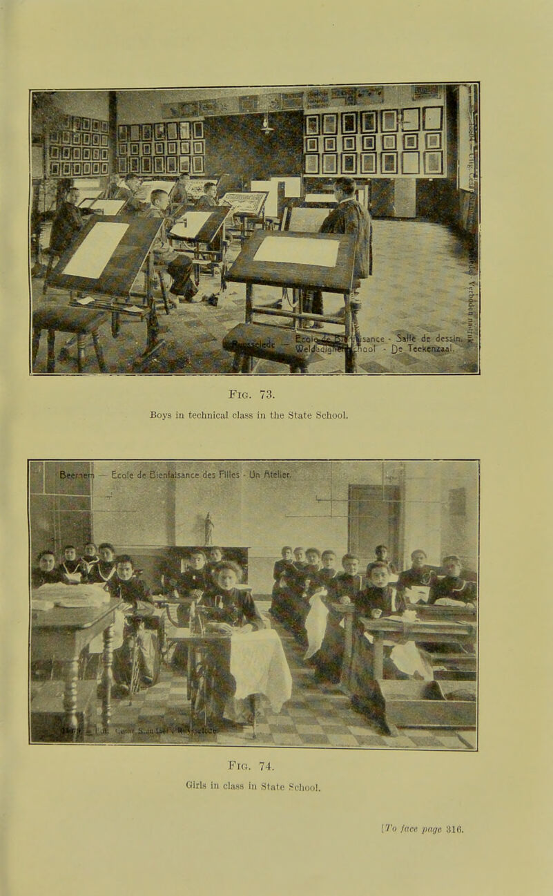 Fig. 73. Boys in technical class in the State School. Fio. 74. Girls in class in State School.