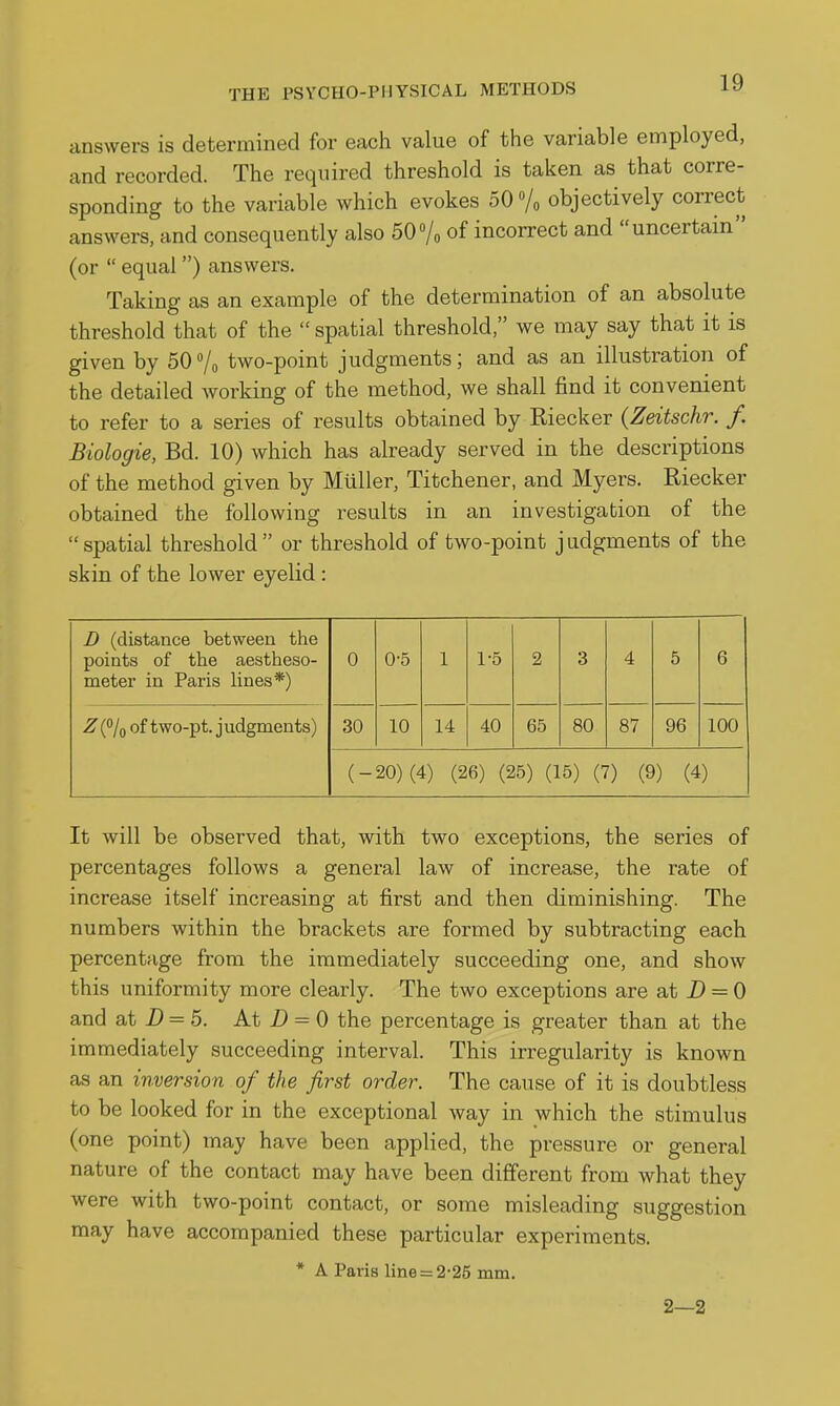 answers is determined for each value of the variable employed, and recorded. The required threshold is taken as that corre- sponding to the variable which evokes 50 /o objectively correct answers, and consequently also 50°/„ of incorrect and uncertain (or  equal) answers. Taking as an example of the determination of an absolute threshold that of the  spatial threshold, we may say that it is given by 50/o two-point judgments; and as an illustration of the detailed working of the method, we shall find it convenient to refer to a series of results obtained by Riecker (Zeitschr. f. Biologie, Bd. 10) which has already served in the descriptions of the method given by Muller, Titchener, and Myers. Riecker obtained the following results in an investigation of the spatial threshold or threshold of two-point judgments of the skin of the lower eyelid : D (distance between the points of the aestheso- meter in Paris lines*) 0 0-5 1 1-5 2 3 4 5 6 ^(% of two-pt. judgments) 30 10 14 40 65 80 87 96 100 (-20) (4) (26) (25) (15) (7) (9) (4) It will be observed that, with two exceptions, the series of percentages follows a general law of increase, the rate of increase itself increasing at first and then diminishing. The numbers within the brackets are formed by subtracting each percentage from the immediately succeeding one, and show this uniformity more clearly. The two exceptions are at Z) = 0 and at i) = 5. At D = 0 the percentage is greater than at the immediately succeeding interval. This irregularity is known as an inversion of the first order. The cause of it is doubtless to be looked for in the exceptional way in which the stimulus (one point) may have been applied, the pressure or general nature of the contact may have been different from what they were with two-point contact, or some misleading suggestion may have accompanied these particular experiments. * A Paris line = 2-25 mm. 2—2