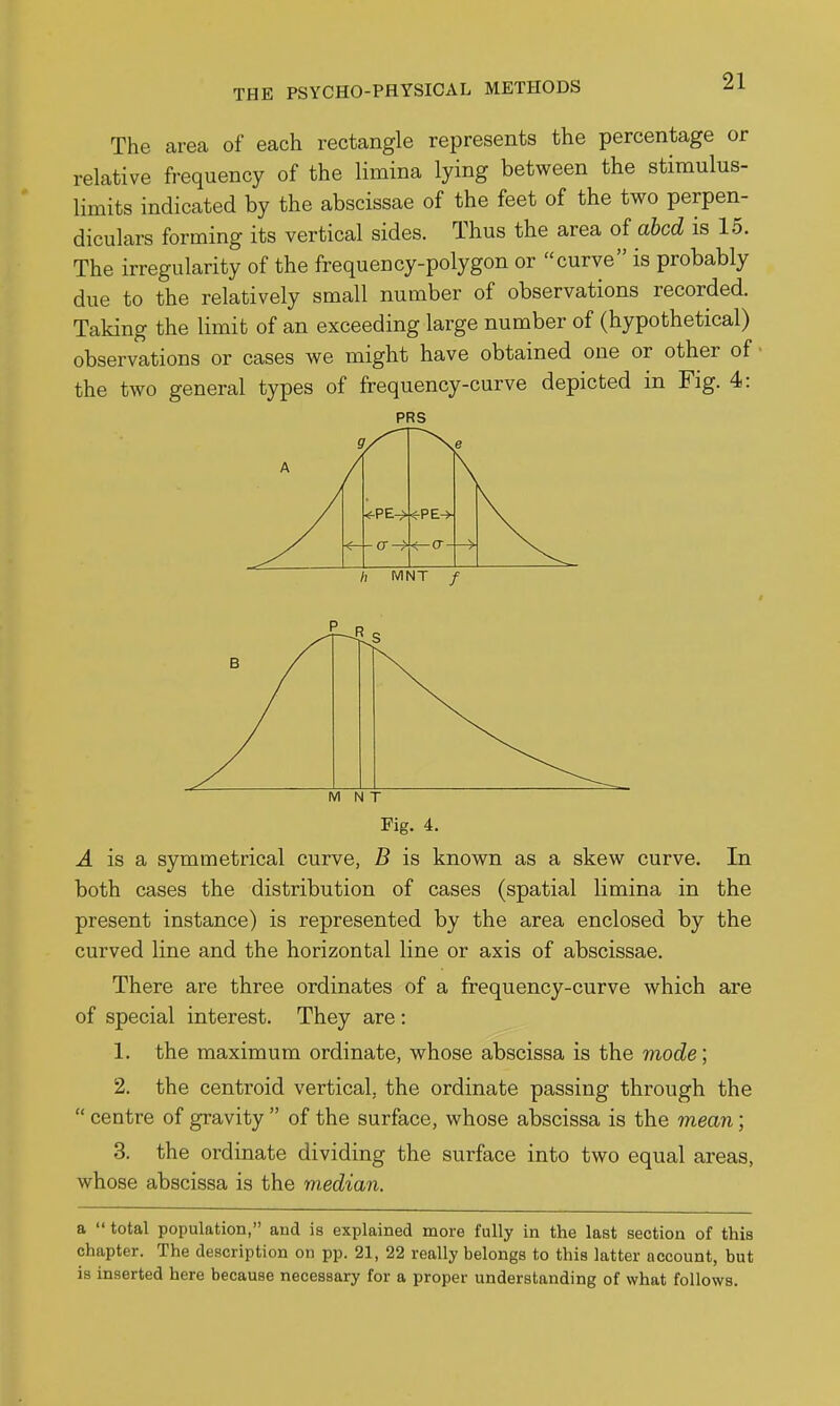 The area of each rectangle represents the percentage or relative frequency of the limina lying between the stimulus- limits indicated by the abscissae of the feet of the two perpen- diculars forming its vertical sides. Thus the area of abed is 15. The irregularity of the frequency-polygon or curve is probably due to the relatively small number of observations recorded. Taking the limit of an exceeding large number of (hypothetical) observations or cases we might have obtained one or other of the two general types of frequency-curve depicted in Fig. 4: PRS M N T Fig. 4. .4 is a symmetrical curve, B is known as a skew curve. In both cases the distribution of cases (spatial limina in the present instance) is represented by the area enclosed by the curved line and the horizontal line or axis of abscissae. There are three ordinates of a frequency-curve which are of special interest. They are: 1. the maximum ordinate, whose abscissa is the mode; 2. the centroid vertical, the ordinate passing through the  centre of gravity  of the surface, whose abscissa is the mean; 3. the ordinate dividing the surface into two equal areas, whose abscissa is the median. a  total population, and is explained more fully in the last section of this chapter. The description on pp. 21, 22 really belongs to this latter account, but is inserted here because necessary for a proper understanding of what follows.