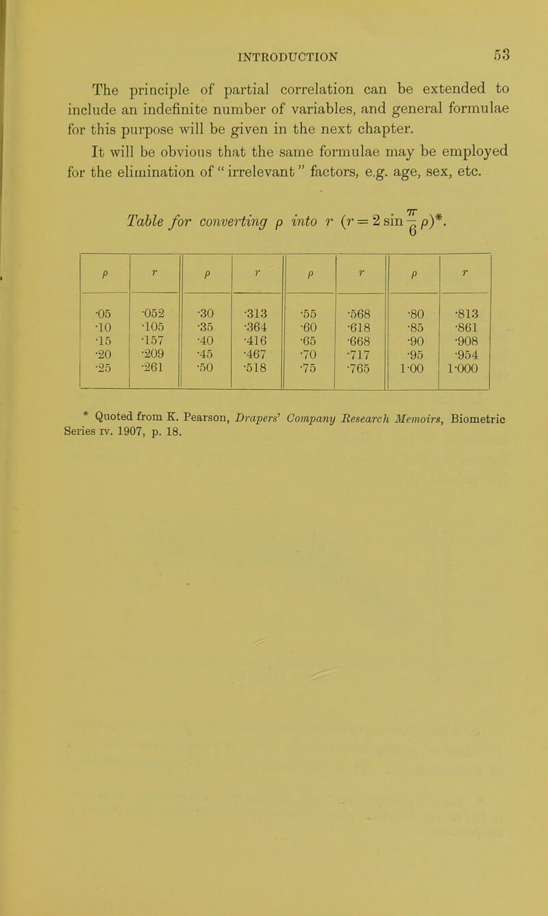 The principle of partial correlation can be extended to include an indefinite number of variables, and general formulae for this purpose will be given in the next chapter. It will be obvious that the same formulae may be employed for the elimination of  irrelevant factors, e.g. age, sex, etc. Table for converting p into r (r = 2 sin - p)*. p r P r P r P r •05 •052 •30 •313 •55 •568 •80 •813 •10 •105 •35 •364 •60 •618 •85 •861 •15 •157 •40 •416 •65 •668 •90 •908 •20 •209 •45 •467 •70 •717 •95 •954 •25 •261 •50 •518 •75 •765 1^00 1-000 * Quoted from K. Pearson, Drapers' Company Research Memoirs, Biometric Series iv. 1907, p. 18.