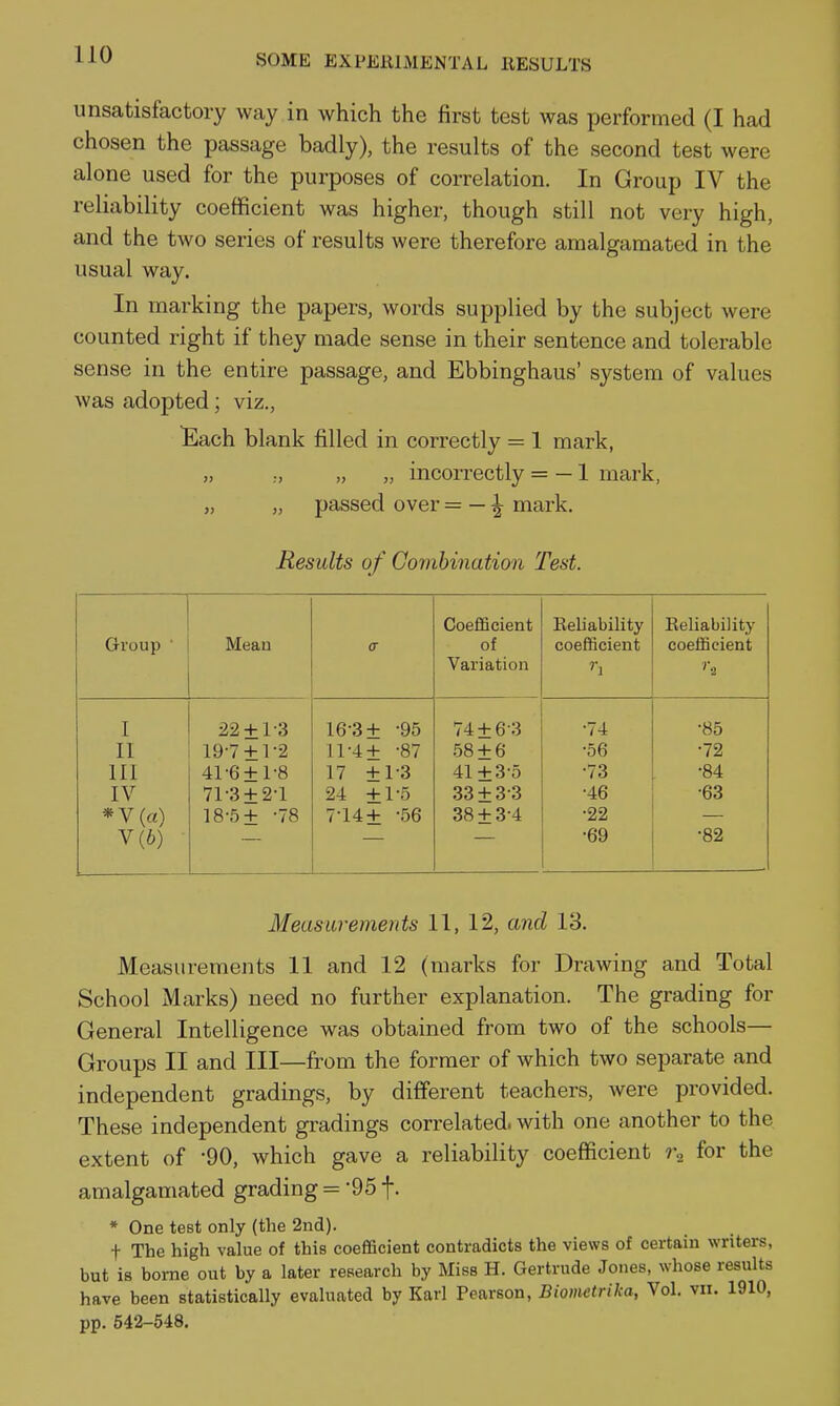 unsatisfactory way in which the first test was performed (I had chosen the passage badly), the results of the second test were alone used for the purposes of correlation. In Group IV the reliability coefficient was higher, though still not very high, and the two series of results were therefore amalgamated in the usual way. In marking the papers, words supplied by the subject were counted right if they made sense in their sentence and tolerable sense in the entire passage, and Ebbinghaus' system of values was adopted; viz., Each blank filled in correctly = 1 mark, „ „ „ incon-ectly = — 1 mark, „ „ passed over = — ^ mark. Results of Combination Test. CoefScient Reliability Reliability Group • Mean of coefficient coefficient Variation '•i '••2 I 22 + 1-3 16-3+ -95 74 + 6-3 -74 •85 11 19-7+ 1-2 11-4+ -87 .58 + 6 •56 •72 III 41-6 + 1-8 17 +1-3 41 + 3-5 •73 •84 IV 71-3+ 2-1 24 +1-5 33 + 3-3 •46 •63 *V(«) 18-5+ -78 7-14+ -56 38 + 3-4 •22 V(6) •69 •82 Measurements 11, 12, and 13. Measurements 11 and 12 (marks for Drawing and Total School Marks) need no further explanation. The grading for General Intelligence was obtained from two of the schools— Groups II and III—from the former of which two separate and independent gradings, by different teachers, were provided. These independent gradings correlated, with one another to the extent of '90, which gave a reliability coefficient ?-o for the amalgamated grading = 95 f. * One test only (the 2nd). t The high value of this coefficient contradicts the views of certain writers, but is borne out by a later research by Miss H. Gertrude Jones, whose results have been statistically evaluated by Karl Pearson, Biomctrika, Vol. vii. 1910, pp. 642-548.