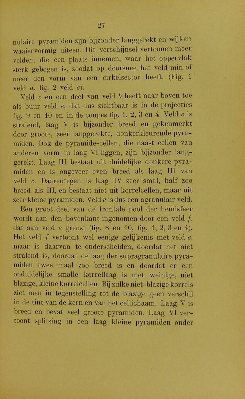 nulaire pyramiden zijn bijzonder langgerekt en wijken waaiervormig uiteen. Dit verschijnsel vertoonen meer velden, die een plaats innemen, waar het oppervlak sterk gebogen is, zoodat op doorsnee het veld min of meer den vorm van een cirkelsector heeft. (Fig. 1 veld d, fig. 2 veld e). Veld c en een deel van veld h heeft naar boven toe als buur veld e, dat dus zichtbaar is in de projecties fig. 9 en 40 en in de coupes fig. 1, 2, 3 en 4. Veld e is stralend, laag V is bijzonder breed en gekenmerkt door groote, zeer langgerekte, donkerkleurende pyra- miden. Ook de pyramide-cellen, die naast cellen van anderen vorm in laag VI liggen, zijn bijzonder lang- gerekt. Laag III bestaat uit duidelijke donkere pyra- miden en is ongeveer even breed als laag III van veld c. Daarentegen is laag IV zeer smal, half zoo breed als III, en bestaat niet uit korrelcellen, maar uit zeer kleine pyramiden. Veld e is dus een agranulair veld. Een groot deel van de frontale pool der hemisfeer wordt aan den bovenkant ingenomen door een veld ƒ, dat aan veld e grenst (fig. 8 en 10, fig. 1, 2, 3 en 4). Het veld ƒ vertoont wel eenige gelijkenis met veld e, maar is daarvan te onderscheiden, doordat het niet stralend is, doordat de laag der supragranulaire pyra- miden twee maal zoo breed is en doordat er een onduidelijke smalle korrellaag is met weinige, niet blazige, kleine korrelcellen. Bij zulke niet-blazige korrels ziet men in tegenstelling tot de blazige geen verschil in de tint van de kern en van het cellichaam. Laag V is breed en bevat veel groote pyramiden. Laag VI ver- toont splitsing in een laag kleine pyramiden onder