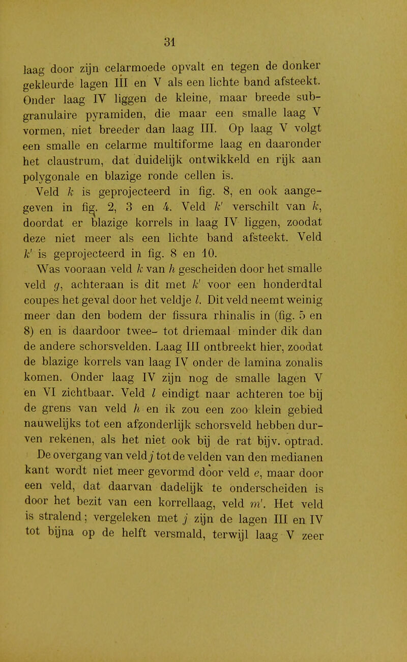 laag door zijn celarmoede opvalt en tegen de donker gekleurde lagen Hl en V als een lichte band afsteekt. Onder laag IV liggen de kleine, maar breede sub- granulaire pyramiden, die maar een smalle laag V vormen, niet breeder dan laag III. Op laag V volgt een smalle en celarme multiforme laag en daaronder het claustrum, dat duidelijk ontwikkeld en rijk aan polygonale en blazige ronde cellen is. Veld k is geprojecteerd in fig. 8, en ook aange- geven in fi^. 2, 3 en 4. Veld k' verschilt van /c, doordat er blazige korrels in laag IV liggen, zoodat deze niet meer als een lichte band afsteekt. Veld k' is geprojecteerd in fig. 8 en 10. Was vooraan veld k van h gescheiden door het smalle veld g, achteraan is dit met k' voor een honderdtal coupes het geval door het veldje l. Dit veld neemt weinig meer dan den bodem der fissura rhinalis in (fig. 5 en 8) en is daardoor twee- tot driemaal minder dik dan de andere schorsvelden. Laag III ontbreekt hier, zoodat de blazige korrels van laag IV onder de lamina zonalis komen. Onder laag IV zijn nog de smalle lagen V 'en VI zichtbaar. Veld l eindigt naar achteren toe bij de grens van veld h en ik zou een zoo klein gebied nauwelijks tot een afzonderlijk schorsveld hebben dur- ven rekenen, als het niet ook bij de rat bijv. optrad. De overgang van veldj tot de velden van den medianen kant wordt niet meer gevormd door veld e, maar door een veld, dat daarvan dadelijk te onderscheiden is door het bezit van een korrellaag, veld m'. Het veld is stralend; vergeleken met j zijn de lagen III en IV tot bijna op de helft versmald, terwijl laag V zeer