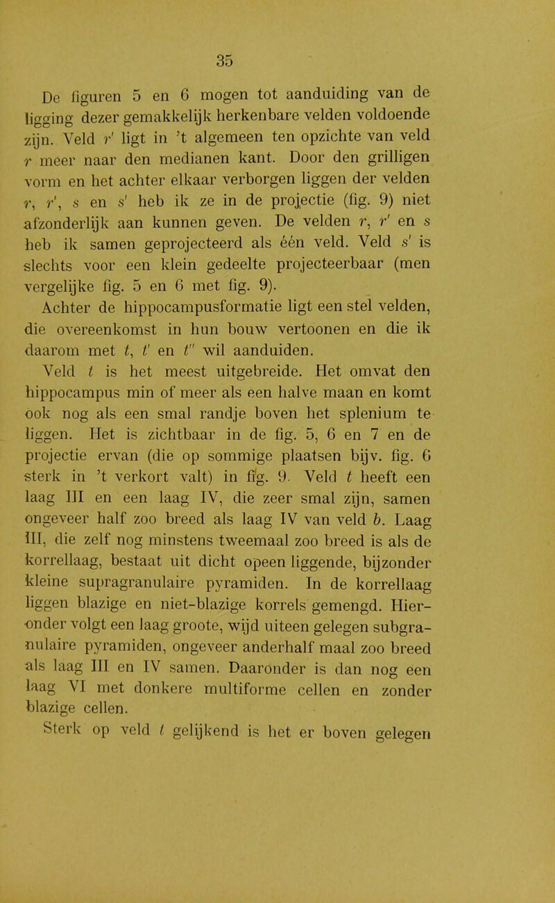 De figuren 5 en 6 mogen tot aanduiding van de ligging dezer gemakkelijk herkenbare velden voldoende zijn. Veld r' ligt in 't algemeen ten opzichte van veld r meer naar den medianen kant. Door den grilligen vorm en het achter elkaar verborgen liggen der velden r, r', s en s' heb ik ze in de projectie (fig. 9) niet afzonderlijk aan kunnen geven. De velden r, r' en s heb ik samen geprojecteerd als één veld. Veld s' is slechts voor een klein gedeelte projecteerbaar (men vergelijke fig. 5 en 6 met fig. 9). Achter de hippocampusformatie ligt een stel velden, die overeenkomst in hun bouw vertoonen en die ik daarom met t' en t wil aanduiden. Veld t is het meest uitgebreide. Het omvat den hippocampus min of meer als een halve maan en komt ook nog als een smal randje boven het splenium te liggen. Het is zichtbaar in de fig. 5, 6 en 7 en de projectie ervan (die op sommige plaatsen bijv. fig. 6 sterk in 't verkort valt) in fig. 9. Veld t heeft een laag III en een laag IV, die zeer smal zijn, samen ongeveer half zoo breed als laag IV van veld b. Laag ill, die zelf nog minstens tweemaal zoo breed is als de korrellaag, bestaat uit dicht opeen liggende, bijzonder kleine supragranulaire pyramiden. In de korrellaag liggen blazige en niet-blazige korrels gemengd. Hier- onder volgt een laag groote, wijd uiteen gelegen subgra- nulaire pyramiden, ongeveer anderhalf maal zoo breed als laag III en IV samen. Daaronder is dan nog een laag VI met donkere multiforme cellen en zonder blazige cellen. Sterk op veld t gelijkend is het er boven gelegen