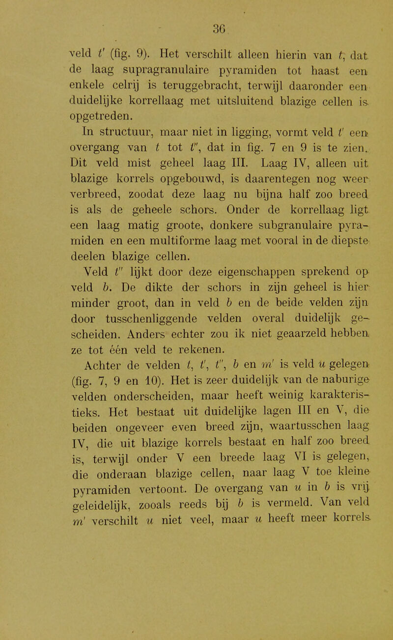 veld t' (fig. 9). Het verschilt alleen hierin van t, dat de laag supragranulaire pyramiden tot haast een enkele celrij is teruggebracht, terwijl daaronder een duidelijke korrellaag met uitsluitend blazige cellen is. opgetreden. In structuur, maar niet in ligging, vormt veld i' een overgang van t tot f, dat in fig. 7 en 9 is te zien. Dit veld mist geheel laag III. Laag IV, alleen uit blazige korrels opgebouwd, is daarentegen nog weer verbreed, zoodat deze laag nu bijna half zoo breed is als de geheele schors. Onder de korrellaag ligt een laag matig groote, donkere subgranulaire pyra- miden en een multiforme laag met vooral in de diepste deelen blazige cellen. Veld t lijkt door deze eigenschappen sprekend op veld b. De dikte der schors in zijn geheel is hier minder groot, dan in veld b en de beide velden zijn door tusschenliggende velden overal duidelijk ge- scheiden. Anders echter zou ik niet geaarzeld hebben ze tot één veld te rekenen. Achter de velden t, t\ t\ b en m' is veld u gelegen (fig. 7, 9 en 10). Het is zeer duidelijk van de naburige velden onderscheiden, maar heeft weinig karakteris- tieks. Het bestaat uit duidelijke lagen III en V, die beiden ongeveer even breed zijn, waartusschen laag IV, die uit blazige korrels bestaat en half zoo breed is, terwijl onder V een breede laag VI is gelegen, die onderaan blazige cellen, naar laag V toe kleina pyramiden vertoont. De overgang van m in 6 is vrij geleidelijk, zooals reeds bij b is vermeld. Van veld m' verschilt u niet veel, maar u heeft meer korrels.