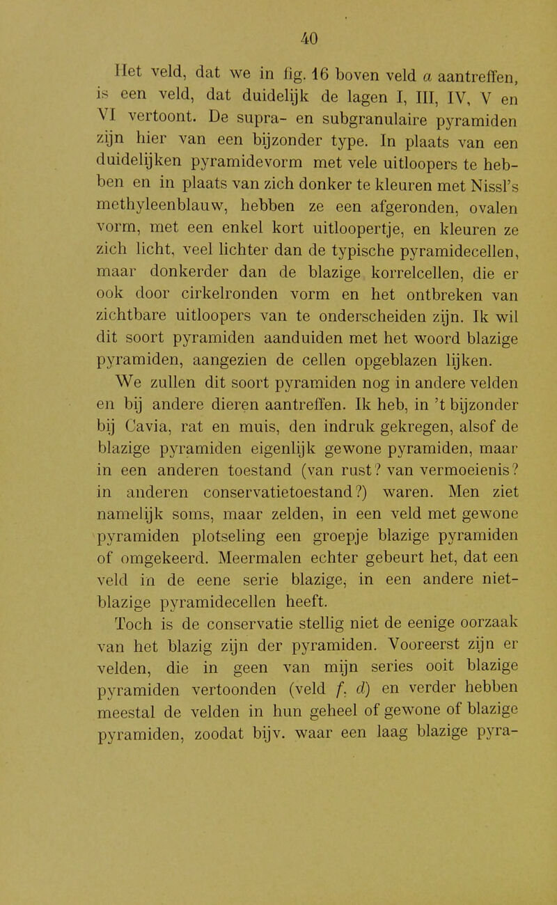 Het veld, dat we in fig. 16 boven veld a aantreffen, is een veld, dat duidelijk de lagen I, III, IV, V en VI vertoont. De supra- en subgranulaire pyramiden zijn hier van een bijzonder type. In plaats van een duidelijken pyramidevorm met vele uitloopers te heb- ben en in plaats van zich donker te kleuren met Nissl's methyleenblauw, hebben ze een afgeronden, ovalen vorm, met een enkel kort uitloopertje, en kleuren ze zich licht, veel hchter dan de typische pyramidecellen, maar donkerder dan de blazige korrelcellen, die er ook door cirkelronden vorm en het ontbreken van zichtbare uitloopers van te onderscheiden zijn. Ik wil dit soort pyramiden aanduiden met het woord blazige pyramiden, aangezien de cellen opgeblazen lijken. W^e zullen dit soort pyramiden nog in andere velden en bij andere dieren aantreffen. Ik heb, in 't bijzonder bij Cavia, rat en muis, den indruk gekregen, alsof de blazige pyramiden eigenlijk gewone pyramiden, maar in een anderen toestand (van rust ? van vermoeienis ? in anderen conservatie toestand ?) waren. Men ziet namelijk soms, maar zelden, in een veld met gewone pyramiden plotseling een groepje blazige pyramiden of omgekeerd. Meermalen echter gebeurt het, dat een veld in de eene serie blazige^ in een andere niet- blazige pyramidecellen heeft. Toch is de conservatie stellig niet de eenige oorzaak van het blazig zijn der pyramiden. Vooreerst zijn er velden, die in geen van mijn series ooit blazige pyramiden vertoonden (veld f, d) en verder hebben meestal de velden in hun geheel of gewone of blazige pyramiden, zoodat bijv. waar een laag blazige pyra-