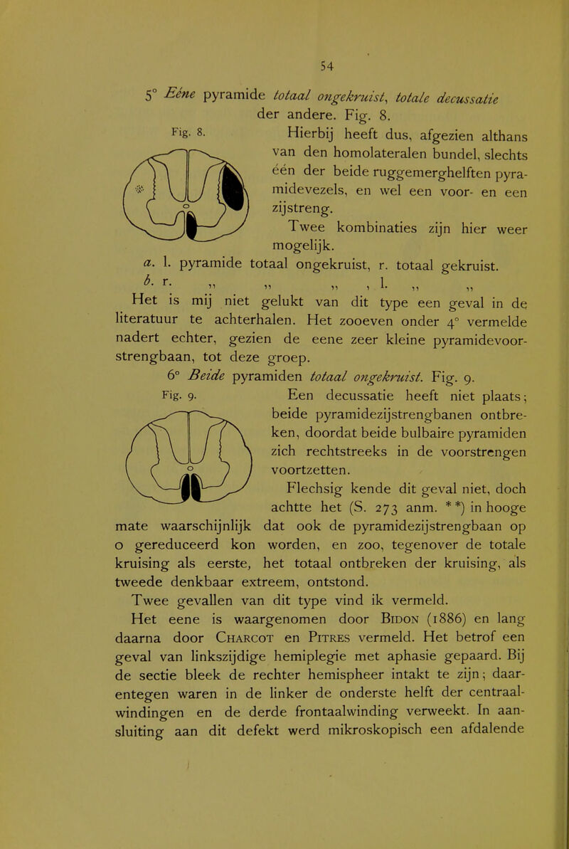 Fig. 8. a. b. Eéne pyramide totaal ongekruist, totale decussatie der andere. Fig. 8. Hierbij heeft dus, afgezien althans van den homolateralen bundel, slechts één der beide ruggemerghelften pyra- midevezels, en wel een voor- en een zij streng. Twee kombinaties zijn hier weer mogelijk. 1. pyramide totaal ongekruist, r. totaal gekruist. Het is mij niet gelukt van dit type een geval in de literatuur te achterhalen. Het zooeven onder 4° vermelde nadert echter, gezien de eene zeer kleine pyramidevoor- strengbaan, tot deze groep. 6° Beide pyramiden totaal ongekruist. Fig. 9. Fig. 9- Een decussatie heeft niet plaats; beide pyramidezijstrengbanen ontbre- ken, doordat beide bulbaire pyramiden zich rechtstreeks in de voorstrcngen voortzetten. Flechsig kende dit geval niet, doch achtte het (S. 273 anm. * *) in hooge mate waarschijnlijk dat ook de pyramidezijstrengbaan op O gereduceerd kon worden, en zoo, tegenover de totale kruising als eerste, het totaal ontbreken der kruising, als tweede denkbaar extreem, ontstond. Twee gevallen van dit type vind ik vermeld. Het eene is waargenomen door Bidon (1886) en lang daarna door Charcot en Pitres vermeld. Het betrof een geval van linkszijdige hemiplegie met aphasie gepaard. Bij de sectie bleek de rechter hemispheer intakt te zijn; daar- entegen waren in de linker de onderste helft der centraal- windingen en de derde frontaalwinding verweekt. In aan- sluiting aan dit defekt werd mikroskopisch een afdalende