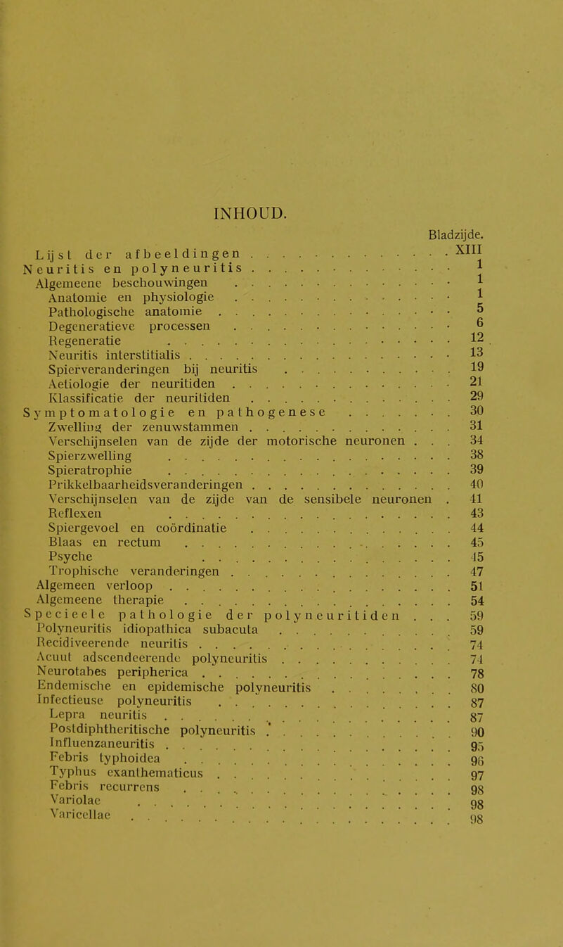 INHOUD. Bladzijde. Lijst der afbeeldingen Neuritis en polyneuritis • • 1 Algemeene beschouwingen 1 Anatomie en physiologie 1 Pathologische anatomie . 5 Degeneratieve processen 6 Regeneratie 12 Neuritis interstitialis 13 Spierveranderingen bij neuritis 19 Aetiologie der neuritiden .............. 21 Klassificatie der neuritiden ............. 29 Symptomatologie en palhogenese 30 Zwelliu!? der zenuwstammen . 31 Verschijnselen van de zijde der motorische neuronen ... 34 Spierzwelling 38 Spieratrophie 39 Prikkelbaarheidsveranderingen 40 Verschijnselen van de zijde van de sensibele neuronen , 41 Reflexen 43 Spiergevoel en coördinatie 44 Blaas en rectum 45 Psyche ........... 15 Trophische veranderingen .............. 47 Algemeen verloop 51 Algemeene therapie . 54 Specieelc pathologie der polyneuritiden . . . 59 Polyneuritis idiopathica subacuta ........... 59 Recidiveerende neuritis 74 Acuut adscendeerendc polyneuritis 74 Neurotabes peripherica 78 Endemische en epidemische polyneuritis . 80 Infectieuse polyneuritis . 87 Lepra neuritis .................. 87 Posldiphtheritische polyneuritis 90 Influenzaneuritis .......... 95 Fcbris typhoidea .-........,[..... 96 Typhus exanlhematicus 97 Febris recurrens ........... 98 Variolae gg