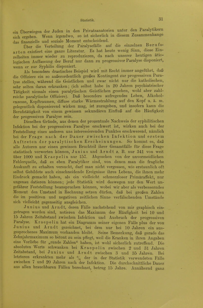 ein Überwiegen der Juden in den Privatsanatorien unter den Paralytikern sich ergeben. Wenn irgendwo, so ist sicherlich in diesem Zusammenhange das finanzielle und soziale Moment entscheidend. Über die Verteilung der Paralysefälle auf die einzelnen Berufs- arten existiert eine ganze Literatur. Es hat heute wenig Sinn, diese Ein- zelheiten immer wieder zu reproduzieren, da nach unserer heutigen ätio- logischen Auffassung der Beruf nur dann zu progressiver Paralyse disponiert, wenn er zur Syphilis disponiert. Als besonders drastisches Beispiel wird mit Recht immer angeführt, daß die Offiziere ein so außerordentlich großes Kontingent zur progressiven Para- lyse stellen, während die Geistlichen und zwar nicht nur die katholischen, sehr selten daran erkranken; (ich selbst habe in 20 Jahren psychiatrischer Tätigkeit niemals einen paralytischen Geistlichen gesehen, wohl aber zahl- reiche paralytische Offiziere). Daß besonders aufregendes Leben, Alkohol- exzesse, Kopftraumen, diffuse starke Wärmestrahlung auf den Kopf u. ä. m. gelegentlich disponierend wirken mag, ist zuzugeben, und insofern kann die Berufstätigkeit von einem gewissen sekundären Einfluß auf die Häufigkeit der progressiven Paralyse sein. Dieselben Gründe, aus denen der prozentuale Nachweis der syphilitischen Infektion bei der progressiven Paralyse erschwert ist, wirken auch bei der Feststellung eines anderen uns interessierenden Punktes erschwerend, nämlich bei der Frage nach der Dauer zwischen Infektion und erstem Auftreten der paralytischen Erscheinungen. So kommt es, daß alle Autoren nur einen gewissen Bruchteil ihrer Gesamtfälle für diese Frage statistisch verwerten können, Junius und Arndt z. B. nur 341 von weit über 1000 und Kraepelin nur 157. Abgesehen von der unvermeidlichen Fehlerquelle, daß es eben Paralytiker sind, von denen man die fragliche Auskunft zu erhalten versucht, darf man nicht vergessen, wäe erstaunlich oft selbst Gebildete auch einschneidende Ereignisse ihres Lebens, die ihnen mehr Eindruck gemacht haben, als ein vielleicht schmerzloser Primäraffekt, nur ungenau datieren können; jede Statistik wird deswegen nur den Wert un- gefährer Feststellung beanspruchen können, wobei wir aber als verbesserndes Moment den Umstand in Rechnung setzen dürfen, daß bei großen Zahlen die im positiven und negativen zeitlichen Sinne verfälschenden Umstände sich vielleicht gegenseitig ausgleichen. Junius und Arndt, deren Fälle nachstehend von mir graphisch ein- getragen worden sind, notieren das Maximum der Häufigkeit bei 10 und 15 Jahren Zeitabstand zwischen Infektion und Ausbruch der progressiven Paralyse. Kraepelin hat ein Diagramm seiner eigenen Fälle plus der von Junius und Arndt gezeichnet, bei dem nur bei 10 Jahren ein aus- gesprochenes Maximum vorhanden bleibt. Seine Bemerkung, daß gerade das Zehnjahrmaximum so betont zu sein pflegt, weil die Kranken in ihren Angaben eine Vorliebe für „runde Zahlen haben, ist wohl sicherlich zutreffend. Die absoluten Werte schwanken bei Kraepelin zwischen 2 und 31 Jahren Zeitabstand, bei Junius und Arndt zwischen 3 und 35 Jahren. Bei letzteren erkrankten mehr als der in der Statistik verwendeten Fälle zwischen 7 und 20 Jahren nach der Infektion. Die durchschnittliche Dauer aus allen brauchbaren Fällen berechnet, betrug 15 Jahre. Annähernd ganz