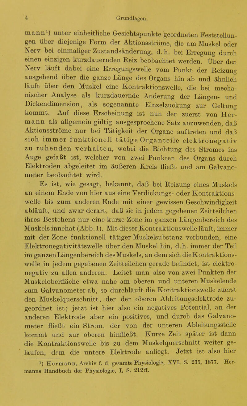 mann^) unter einheitliche Gesichtspunkte geordneten Feststellun- gen über diejenige Form der Aktionsströme, die am Muskel oder Nerv bei einmaliger Zustandsänderung, d. h. bei Erregung durch einen einzigen kurzdauernden Reiz beobachtet werden. Uber den Nerv läuft dabei eine Erregungswelle vom Punkt der Reizung ausgehend über die ganze Länge des Organs hin ab und ähnlich läuft über den Muskel eine Kontraktionswelle, die bei mecha- nischer Analyse als kurzdauernde Änderung der Längen- und Dickendimension, als sogenannte Einzelzuckung zur Geltung kommt. Auf diese Erscheinung ist nun der zuerst von Her- mann als allgemein gültig ausgesprochene Satz anzuwenden, daß Aktionsströme nur bei Tätigkeit der Organe auftreten und daß sich immer funktionell tätige Organteile elektronegativ zu ruhenden verhalten, wobei die Richtung des Stromes ins Auge gefaßt ist, welcher von zwei Punkten des Organs durch Elektroden abgeleitet im äußeren Kreis fließt und am Galvano- meter beobachtet wird. Es ist, wie gesagt, bekannt, daß bei Reizung eines Muskels an einem Ende von hier aus eine Verdickungs- oder Kontraktions- welle bis zum anderen Ende mit einer gewissen Geschwindigkeit abläuft, und zwar derart, daß sie in jedem gegebenen Zeitteilchen ihres Bestehens nur eine kurze Zone im ganzen Längenbereich des Muskels innehat (Abb. 1). Mit dieser Kontraktionswelle läuft, immer mit der Zone funktionell tätiger Muskelsubstanz verbunden, eine Elektronegativitätswelle über den Muskel hin, d.h. immer der Teil im ganzen Längenbereich des Muskels, an dem sich die Kontraktions- welle in jedem gegebenen Zeitteilchen gerade befindet, ist elektro- negativ zu allen anderen. Leitet man also von zwei Punkten der Muskeloberfläche etwa nahe am oberen und unteren Muskelende zum Galvanometer ab, so durchläuft die Kontraktionswelle zuerst den Muskelquerschnitt, der der oberen Ableitungselektrode zu- geordnet ist; jetzt ist hier also ein negatives Potential, an der anderen Elektrode aber ein positives, und durch das Galvano- meter fließt ein Strom, der von der unteren Ableitungsstelle kommt und zur oberen hinfließt. Kurze Zeit später ist dann die Kontraktionswelle bis zu dem Muskelquerschnitt weiter ge- laufen, dem die untere Elektrode anliegt. Jetzt ist also hier 1) Hermann, Archiv f. d. gesamte Physiologie, XVI, S. 235, 1877. Her- manus Handbuch der Physiologie, I, S. 212 flF.