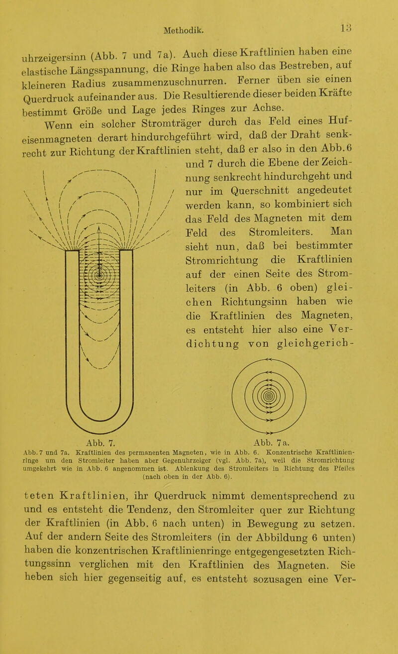 Uhrzeigersinn (Abb. 7 und 7a). Auch diese Kraftlinien haben eine elastische Längsspannung, die Ringe haben also das Bestreben, auf kleineren Radius zusammenzuschnurren. Ferner üben sie einen Querdruck aufeinander aus. Die Resultierende dieser beiden Kräfte bestimmt Größe und Lage jedes Ringes zur Achse. Wenn ein solcher Stromträger durch das Feld eines Huf- eisenmagneten derart hindurchgeführt wird, daß der Draht senk- recht zur Richtung der Kraftlinien steht, daß er also in den Abb. 6 und 7 durch die Ebene der Zeich- nung senkrecht hindurchgeht und nur im Querschnitt angedeutet werden kann, so kombiniert sich das Feld des Magneten mit dem Feld des Stromleiters. Man sieht nun, daß bei bestimmter Stromrichtung die Kraftlinien auf der einen Seite des Strom- leiters (in Abb. 6 oben) glei- chen Richtungsinn haben wie die Kraftlinien des Magneten, es entsteht hier also eine Ver- dichtung von gleichgericb- Abb. 7. Abb. 7 a. Abb.7 und a. Kraftlinien des permanenten Magneten, wie in Abb. 6. Konzentrische Kraftlinien- ringe um den Stromleiter haben aber Gegenuhrzeiger {vgl. Abb. 7a), weil die Stromrichtung umgekehrt wie in Abb. 6 angenommen ist. Ablenkung des Stromleiters in Richtung des Pfeiles (nach oben in der Abb. 6). teten Kraftlinien, ihr Querdruck nimmt dementsprechend zu und es entsteht die Tendenz, den Stromleiter quer zur Richtung der Kraftlinien (in Abb. 6 nach unten) in Bewegung zu setzen. Auf der andern Seite des Stromleiters (in der Abbildung 6 unten) haben die konzentrischen KraftHnienringe entgegengesetzten Rich- tungssinn vergHchen mit den Kraftlinien des Magneten. Sie heben sich hier gegenseitig auf, es entsteht sozusagen eine Ver-