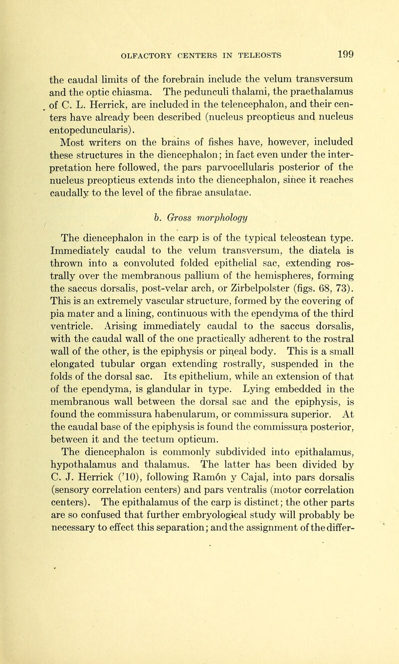 the caudal limits of the forebrain include the velum transversum and the optic chiasma. The pedunculi thalami, the praethalamus of C. L. Herrick, are included in the telencephalon, and their cen- ters have already been described (nucleus preopticus and nucleus entopeduncularis). Most writers on the brains of fishes have, however, included these structures in the diencephalon; in fact even under the inter- pretation here followed, the pars parvocellularis posterior of the nucleus preopticus extends into the diencephalon, since it reaches caudally to the level of the fibrae ansulatae. h. Gross morphology The diencephalon in the carp is of the typical teleostean type. Immediately caudal to the velum transversum, the diatela is thrown into a convoluted folded epithelial sac, extending ros- trally over the membranous pallium of the hemispheres, forming the saccus dorsalis, post-velar arch, or Zirbelpolster (figs. 68, 73). This is an extremely vascular structure, formed by the covering of pia mater and a lining, continuous with the ependyma of the third ventricle. Arising immediately caudal to the saccus dorsalis, with the caudal wall of the one practically adherent to the rostral wall of the other, is the epiphysis or pineal body. This is a small elongated tubular organ extending rostrally, suspended in the folds of the dorsal sac. Its epithelium, while an extension of that of the ependyma, is glandular in type. Lying embedded in the membranous wall between the dorsal sac and the epiphysis, is found the commissura habenularum, or commissura superior. At the caudal base of the epiphysis is found the commissura posterior, between it and the tectum opticum. The diencephalon is commonly subdivided into epithalamus, hypothalamus and thalamus. The latter has been divided by C. J. Herrick ('10), following Ilam6n y Cajal, into pars dorsalis (sensory correlation centers) and pars ventralis (motor correlation centers). The epithalamus of the carp is distinct; the other parts are so confused that further embryological study will probably be necessary to effect this separation; and the assignment of the differ-