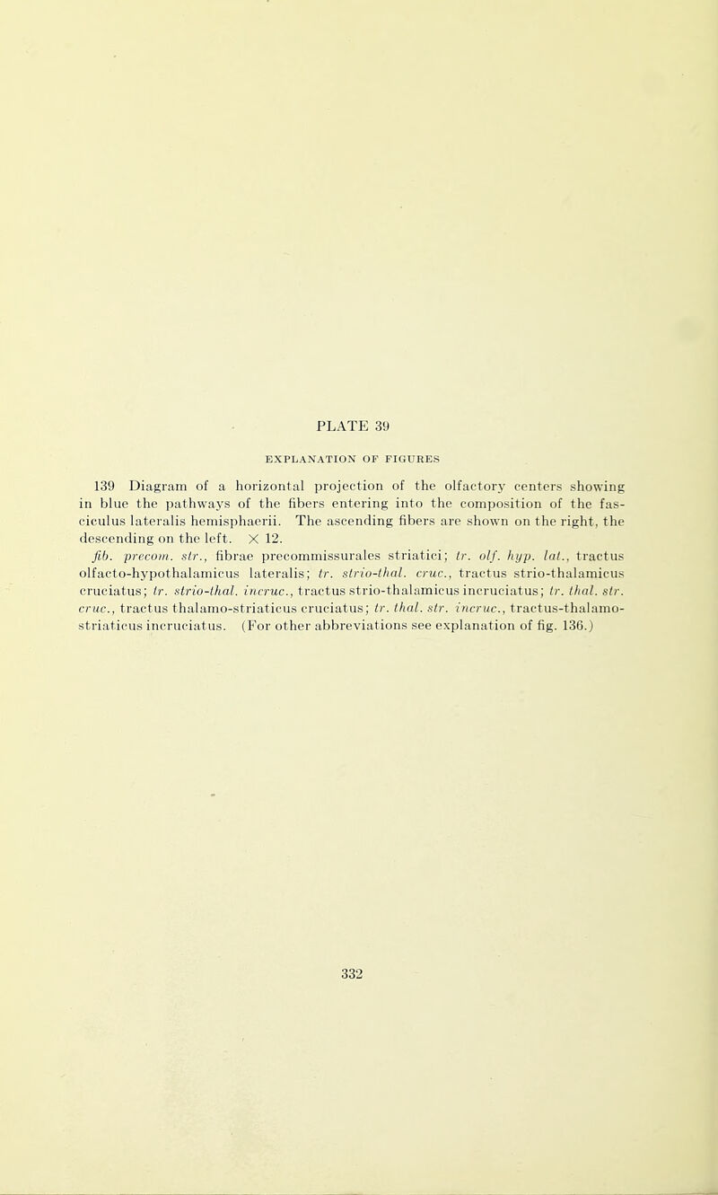 EXPLANATION OF FIGURES 139 Diagram of a horizontal projection of the olfactorj' centers showing in blue the pathways of the fibers entering into the composition of the fas- ciculus lateralis hemisphaerii. The ascending fibers are shown on the right, the descending on the left. X 12. Jib. precoiii. sir., fibrae precommissurales striatici; tr. olf. hyp. lal.. tractus olfacto-hypothalamicus lateralis; tr. slrio-ihal. cruc, tractus strio-thalamicus cruciatus; ir. strio-lhal. incruc, tractus strio-thalamicus incruciatus; tr. that. sir. cruc, tractus thalamo-striaticus cruciatus; tr. thai. str. incruc, tractus-thalamo- striaticus incruciatus. (For other abbreviations see explanation of fig. 136.J