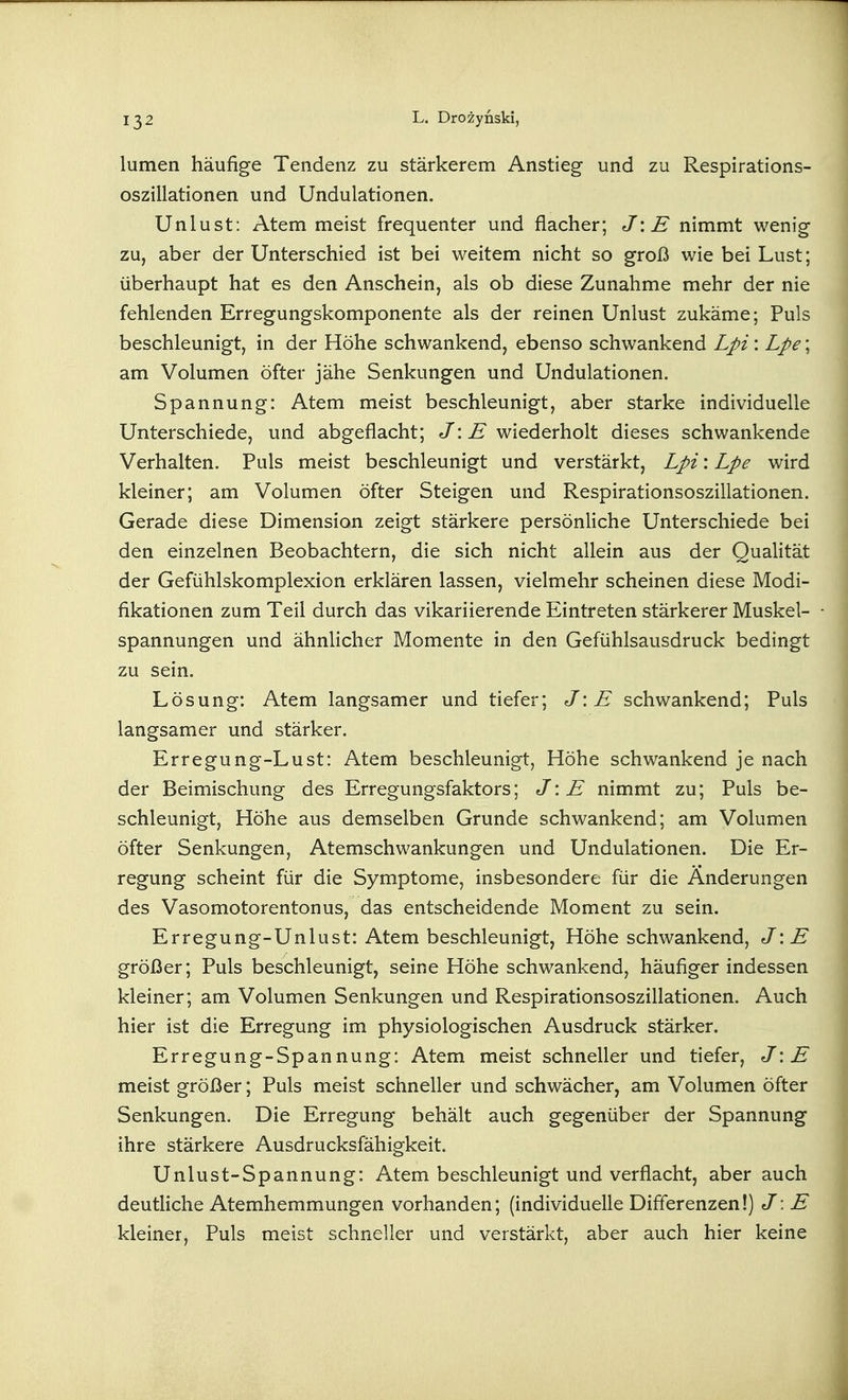 lumen häufige Tendenz zu stärkerem Anstieg und zu Respirations- oszillationen und Undulationen. Unlust: Atem meist frequenter und flacher; J\E nimmt wenig zu, aber der Unterschied ist bei weitem nicht so groß wie bei Lust; überhaupt hat es den Anschein, als ob diese Zunahme mehr der nie fehlenden Erregungskomponente als der reinen Unlust zukäme; Puls beschleunigt, in der Höhe schwankend, ebenso schwankend Lpi: Lpe; am Volumen öfter jähe Senkungen und Undulationen. Spannung: Atem meist beschleunigt, aber starke individuelle Unterschiede, und abgeflacht; J: E wiederholt dieses schwankende Verhalten. Puls meist beschleunigt und verstärkt, Lpi: Lpe wird kleiner; am Volumen öfter Steigen und Respirationsoszillationen. Gerade diese Dimension zeigt stärkere persönliche Unterschiede bei den einzelnen Beobachtern, die sich nicht allein aus der Qualität der Gefühlskomplexion erklären lassen, vielmehr scheinen diese Modi- fikationen zum Teil durch das vikariierende Eintreten stärkerer Muskel- spannungen und ähnlicher Momente in den Gefühlsausdruck bedingt zu sein. Lösung: Atem langsamer und tiefer; J\E schwankend; Puls langsamer und stärker. Erregung-Lust: Atem beschleunigt, Höhe schwankend je nach der Beimischung des Erregungsfaktors; J'. E nimmt zu; Puls be- schleunigt, Höhe aus demselben Grunde schwankend; am Volumen öfter Senkungen, Atemschwankungen und Undulationen. Die Er- regung scheint für die Symptome, insbesondere für die Änderungen des Vasomotorentonus, das entscheidende Moment zu sein. Erregung-Unlust: Atem beschleunigt, Höhe schwankend, J'.E größer; Puls beschleunigt, seine Höhe schwankend, häufiger indessen kleiner; am Volumen Senkungen und Respirationsoszillationen. Auch hier ist die Erregung im physiologischen Ausdruck stärker. Erregung-Spannung: Atem meist schneller und tiefer, J\E meist größer; Puls meist schneller und schwächer, am Volumen öfter Senkungen. Die Erregung behält auch gegenüber der Spannung ihre stärkere Ausdrucksfähigkeit. Unlust-Spannung: Atem beschleunigt und verflacht, aber auch deutliche Atemhemmungen vorhanden; (individuelle Difierenzen!) J: E kleiner, Puls meist schneller und verstärkt, aber auch hier keine