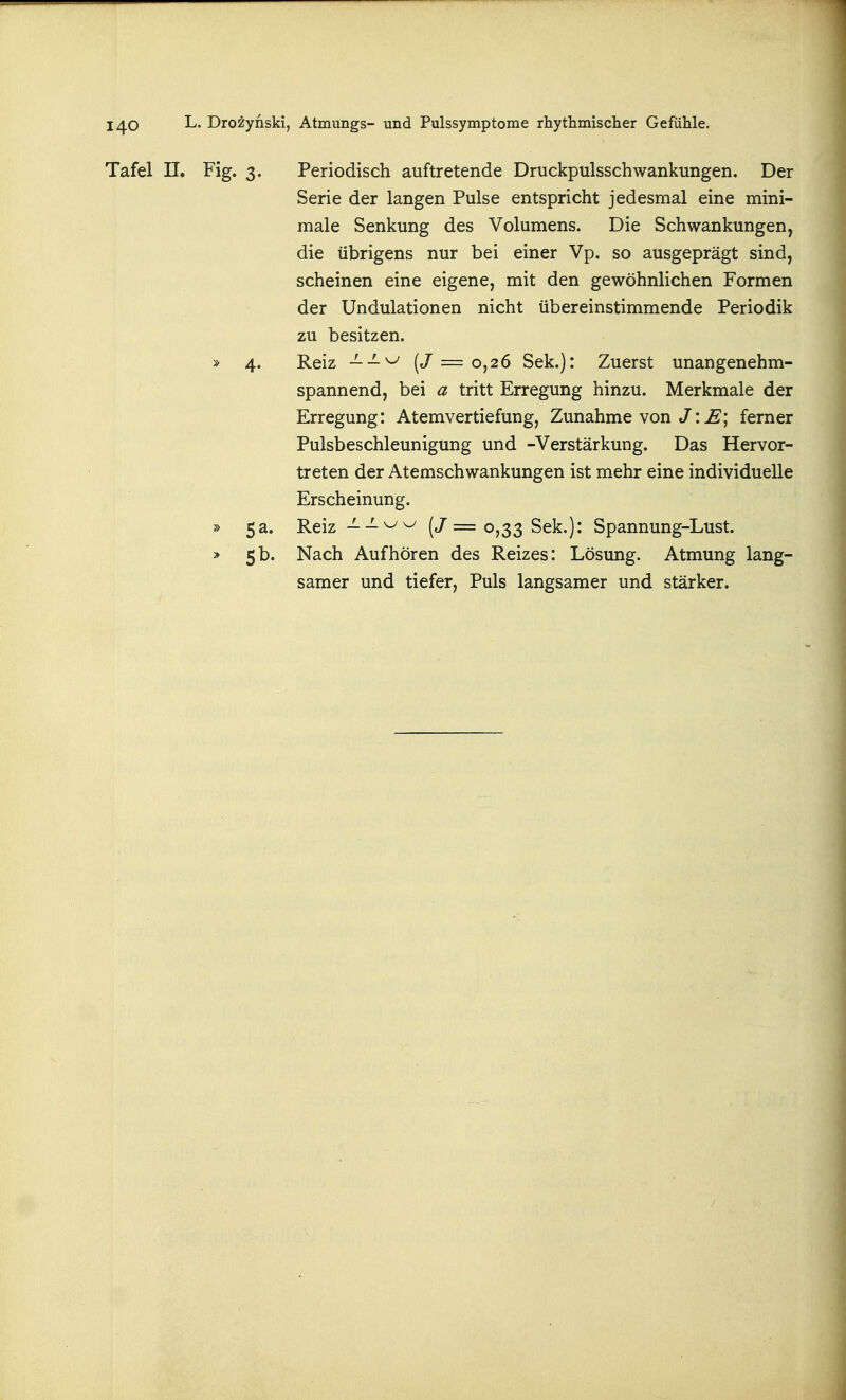 Tafel II, Fig. 3. Periodisch auftretende Druckpulsschwankungen. Der Serie der langen Pulse entspricht jedesmal eine mini- male Senkung des Volumens. Die Schwankungen, die übrigens nur bei einer Vp. so ausgeprägt sind, scheinen eine eigene, mit den gewöhnlichen Formen der Undulationen nicht übereinstimmende Periodik zu besitzen. » 4. Reiz --^ (/ = 0,26 Sek.): Zuerst unangenehm- spannend, bei a tritt Erregung hinzu. Merkmale der Erregung: Atemvertiefung, Zunahme von J: ^; ferner Pulsbeschleunigung und -Verstärkung. Das Hervor- treten der Atemschwankungen ist mehr eine individuelle Erscheinung. » 5a. Reiz -^-^^ (J = 0,33 Sek.): Spannung-Lust. » 5b. Nach Aufhören des Reizes: Lösung. Atmung lang- samer und tiefer, Puls langsamer und stärker.