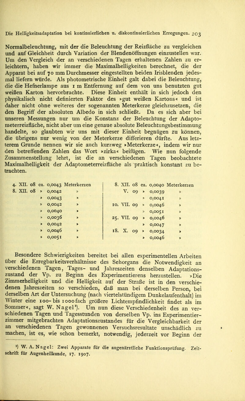 Normalbeleuchtung, mit der die Beleuchtung der Reizfläche zu vergleichen und auf Gleichheit durch Variation der Blendenöffnungen einzustellen war. Um den Vergleich der an verschiedenen Tagen erhaltenen Zahlen zu er- leichtern, haben wir immer die Maximalhelligkeiten berechnet, die der Apparat bei auf 70 mm Durchmesser eingestellten beiden Irisblenden jedes- mal liefern würde. Als photometrische Einheit galt dabei die Beleuchtung, die die Hefnerlampe aus i m Entfernung auf dem von uns benutzten gut weißen Karton hervorbrachte. Diese Einheit enthält in sich jedoch den physikalisch nicht definierten Faktor des »gut weißen Kartons« und ist daher nicht ohne weiteres der sogenannten Meterkerze gleichzusetzen, die den Begriff der absoluten Albedo in sich schließt. Da es sich aber bei unseren Messungen nur um die Konstanz der Beleuchtung der Adapto- meterreizfläche, nicht aber um eine genaue absolute Beleuchtungsbestimmung handelte, so glaubten wir uns mit dieser Einheit begnügen zu können, die übrigens nur wenig von der Meterkerze differieren dürfte. Aus letz- terem Grunde nennen wir sie auch kurzweg >Meterkerze«, indem wir nur den betreffenden Zahlen das Wort »zirka« beifügen. Wie nun folgende Zusammenstellung lehrt, ist die an verschiedenen Tagen beobachtete Maximalhelligkeit der Adaptometerreizfläche als praktisch konstant zu be- trachten. 4. XII. 08 ca. 0,0043 Meterkerzen 8. Xn. 08 » 0,0042 » > 0,0043 * » 0,0042 » » 0,0040 > > 0,0036 » > 0,0042 > » 0,0046 » > 0,0051 » 8. XII. 08 ca. 0,0040 Meterkerzen V. 09 0,0039 0,0041 10. VII. 09 0,0046 » 0,0051 25- VII. 09 0,0046 0,0047 18. X. 09 > 0,0034 > > 0,0046 Besondere Schwierigkeiten bereitet bei allen experimentellen Arbeiten über die Erregbarkeitsverhältnisse des Sehorgans die Notwendigkeit an verschiedenen Tagen, Tages- und Jahreszeiten denselben Adaptations- zustand der Vp. zu Beginn des Experimentierens herzustellen. »Die Zimmerhelligkeit und die Helligkeit auf der Straße ist in den verschie- denen Jahreszeiten so verschieden, daß man bei derselben Person, bei derselben Art der Untersuchung (nach viertelstündigem Dunkelaufenthalt) im Winter eine 100-bis 1000 fach größere Lichtempfindlichkeit findet als im Sommer«, sagt W. Nager). Um nun diese Verschiedenheit des an ver- schiedenen Tagen und Tagesstunden von derselben Vp. ins Experimentier- zimmer mitgebrachten Adaptationszustandes für die Vergleichbarkeit der an verschiedenen Tagen gewonnenen Versuchsresultate unschädlich zu machen, ist es, wie schon bemerkt, notwendig, jederzeit vor Beginn der ^) W.A.Nagel: Zwei Apparate für die augenärztliche Funktionsprüfung. Zeit- schrift für Augenheilkunde, 17. 1907.