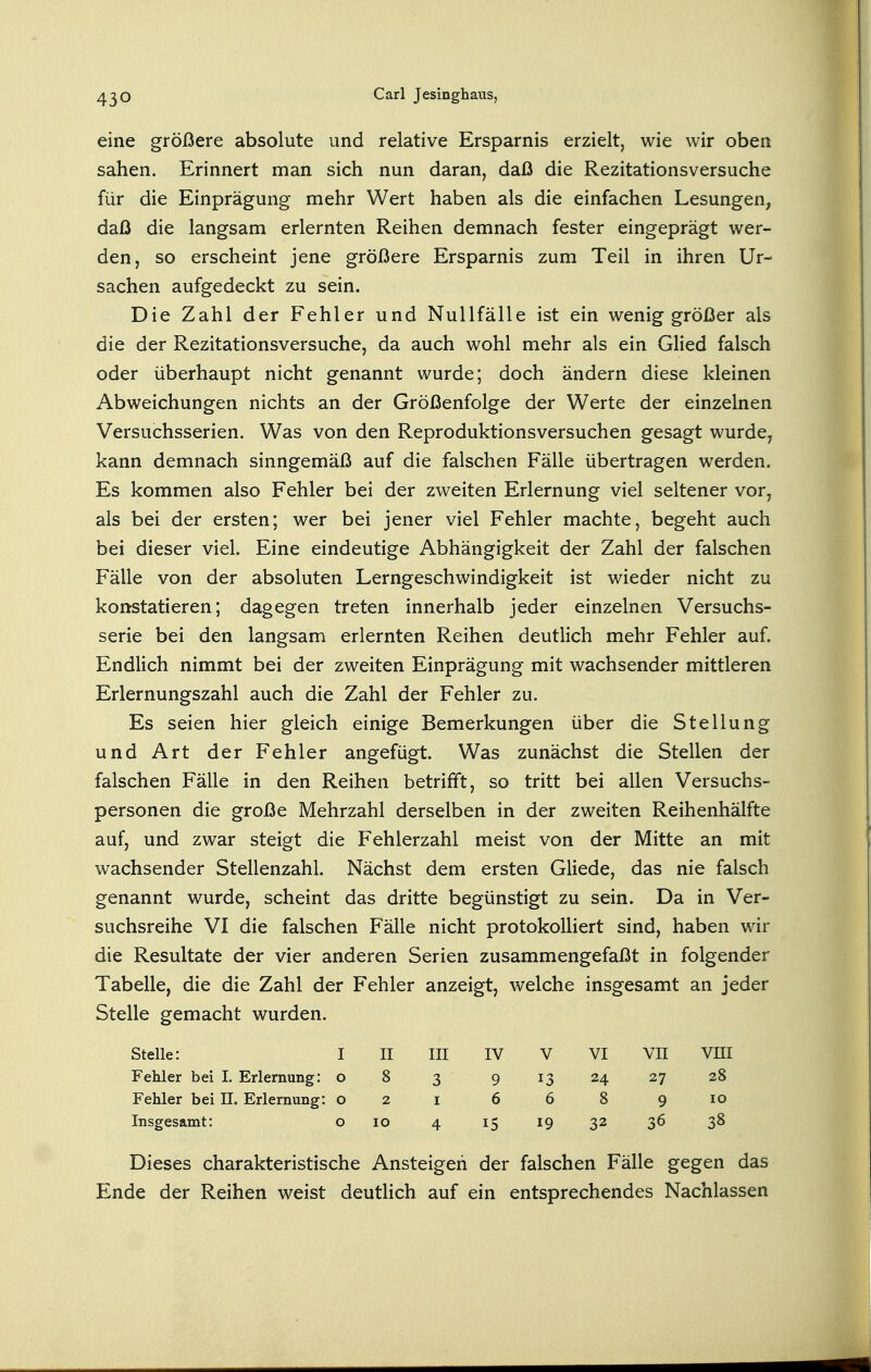 eine größere absolute und relative Ersparnis erzielt, wie wir oben sahen. Erinnert man sich nun daran, daß die Rezitationsversuche für die Einprägung mehr Wert haben als die einfachen Lesungen, daß die langsam erlernten Reihen demnach fester eingeprägt wer- den, so erscheint jene größere Ersparnis zum Teil in ihren Ur- sachen aufgedeckt zu sein. Die Zahl der Fehler und Nullfälle ist ein wenig größer als die der Rezitationsversuche, da auch wohl mehr als ein Glied falsch oder überhaupt nicht genannt wurde; doch ändern diese kleinen Abweichungen nichts an der Größenfolge der Werte der einzelnen Versuchsserien. Was von den Reproduktionsversuchen gesagt wurde, kann demnach sinngemäß auf die falschen Fälle übertragen werden. Es kommen also Fehler bei der zweiten Erlernung viel seltener vor, als bei der ersten; wer bei jener viel Fehler machte, begeht auch bei dieser viel. Eine eindeutige Abhängigkeit der Zahl der falschen Fälle von der absoluten Lerngeschwindigkeit ist wieder nicht zu konstatieren; dagegen treten innerhalb jeder einzelnen Versuchs- serie bei den langsam erlernten Reihen deutlich mehr Fehler auf. Endlich nimmt bei der zweiten Einprägung mit wachsender mittleren Erlernungszahl auch die Zahl der Fehler zu. Es seien hier gleich einige Bemerkungen über die Stellung und Art der Fehler angefügt. Was zunächst die Stellen der falschen Fälle in den Reihen betrifft, so tritt bei allen Versuchs- personen die große Mehrzahl derselben in der zweiten Reihenhälfte auf, und zwar steigt die Fehlerzahl meist von der Mitte an mit wachsender Stellenzahl. Nächst dem ersten Gliede, das nie falsch genannt wurde, scheint das dritte begünstigt zu sein. Da in Ver- suchsreihe VI die falschen Fälle nicht protokolliert sind, haben wir die Resultate der vier anderen Serien zusammengefaßt in folgender Tabelle, die die Zahl der Fehler anzeigt, welche insgesamt an jeder Stelle gemacht wurden. Stelle: I II III IV V VI VII vm Fehler bei I. Erlernung: o 8 3 9 13 24 27 28 Fehler bei II. Erlernung: o 2 6 6 8 9 10 Insgesamt: o lO 4 15 19 32 36 38 Dieses charakteristische Ansteigen der falschen Fälle gegen das Ende der Reihen weist deutlich auf ein entsprechendes Nachlassen