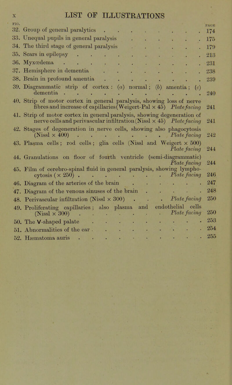 32. Group of general paralytics I74 33. Unequal pupils in general paralysis 175 34. The third stage of general paralysis 179 35. Scars in epilepsy 213 36. Myxoedema 231 37. Hemisphere in dementia 238 38. Brain in profound amentia ........ 239 39. Diagrammatic strip of cortex : (a) normal; (b) amentia; (c) dementia 240 40. Strip of motor cortex in general paralysis, showing loss of nerve fibres and increase of capillaries (Weigert-Pal x 45) Plate facing 241 41. Strip of motor cortex in general paralysis, showing degeneration of nerve cells and perivascular infiltration (Nissl x 45) Plate facing 241 42. Stages of degeneration in nerve cells, showing also phagocytosis (Nissl X 400) Plate facing 242 43. Plasma cells ; rod cells ; glia cells (Nissl and Weigert x 500) Plate facing 244 44. Granulations on floor of fourth ventricle (serai-diagrammatic) Plate facing 244 45. Film of cerebro-spinal fluid in general paralysis, showing lympho- cytosis (X 250) Plate facing 246 46. Diagram of the arteries of the brain 247 47. Diagram of the venous sinuses of the brain 248 48. Perivascular infiltration (Nissl x 300) . . . Plate facing 250 49. Proliferating capillaries (Nissl X 300) . 50. The V-shaped palate 51. Abnormalities of the ear 52. Htematoma auris also plasma and endothelial cells Plate facing 250 . . . . • 253 254 255